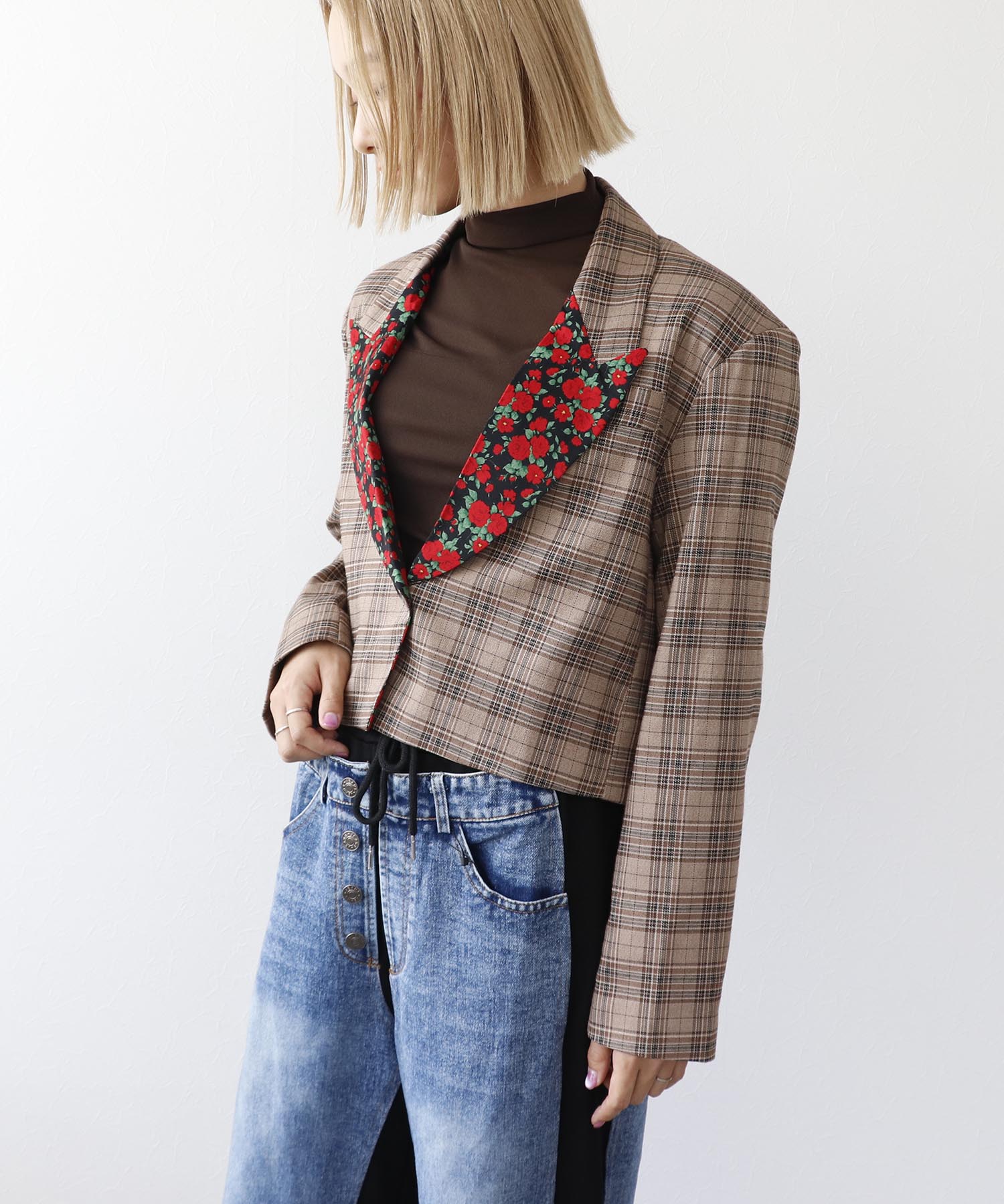 ROSEプリント切替チェックショートジャケット