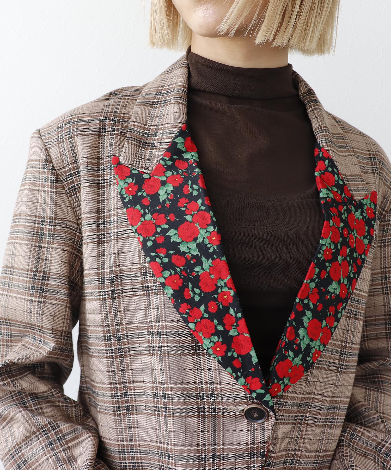 ROSEプリント切替チェックショートジャケット