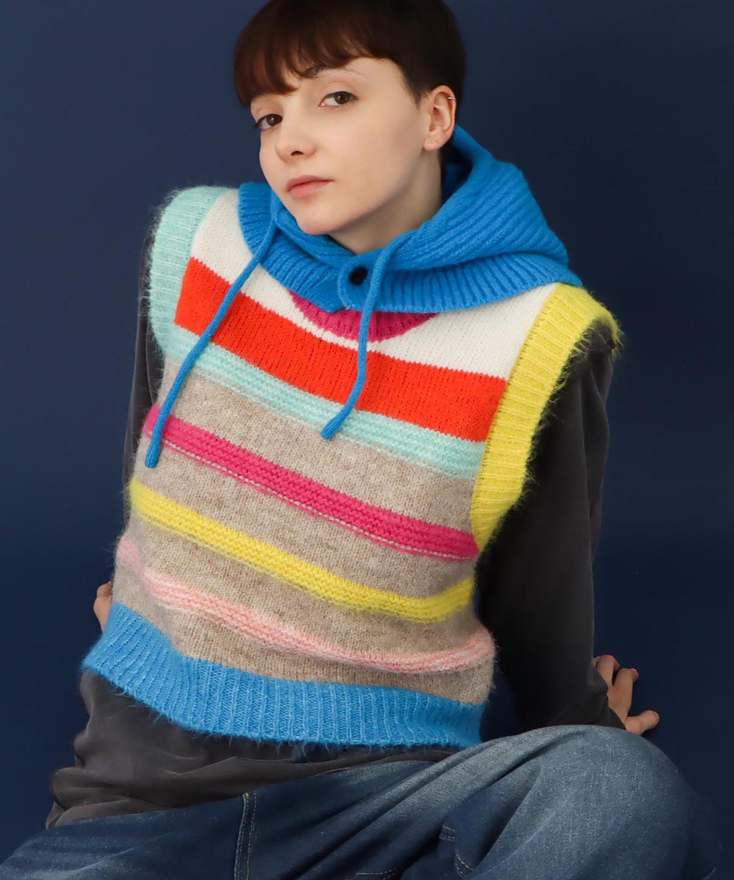 アームネックカラーマルチボーダーベスト