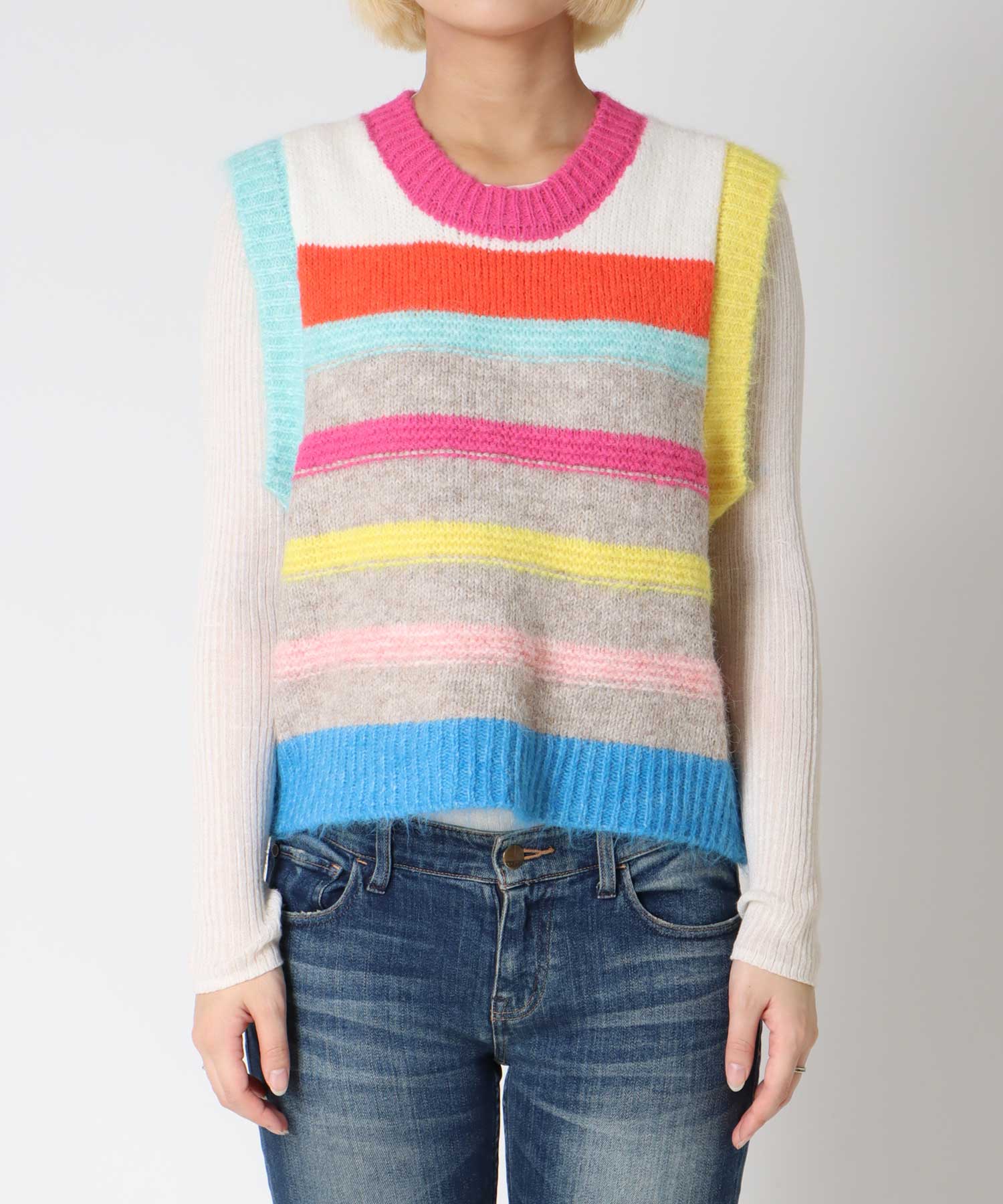 アームネックカラーマルチボーダーベスト