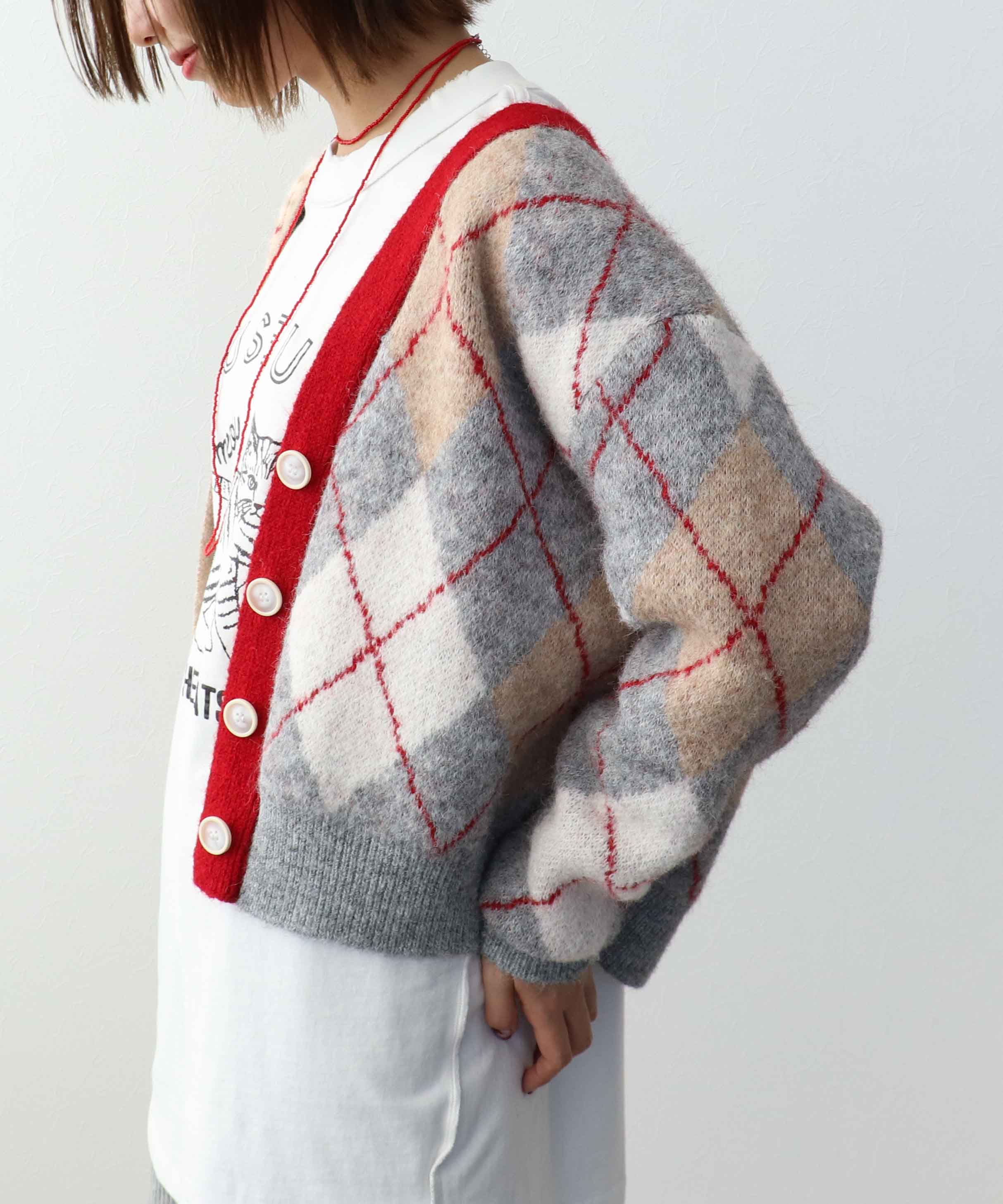 アーガイル柄カーディガン