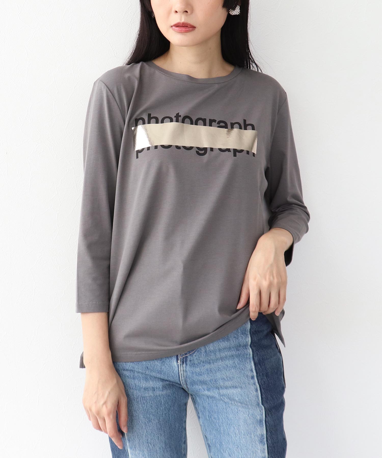 シルバー箔プリント7分袖Tシャツ