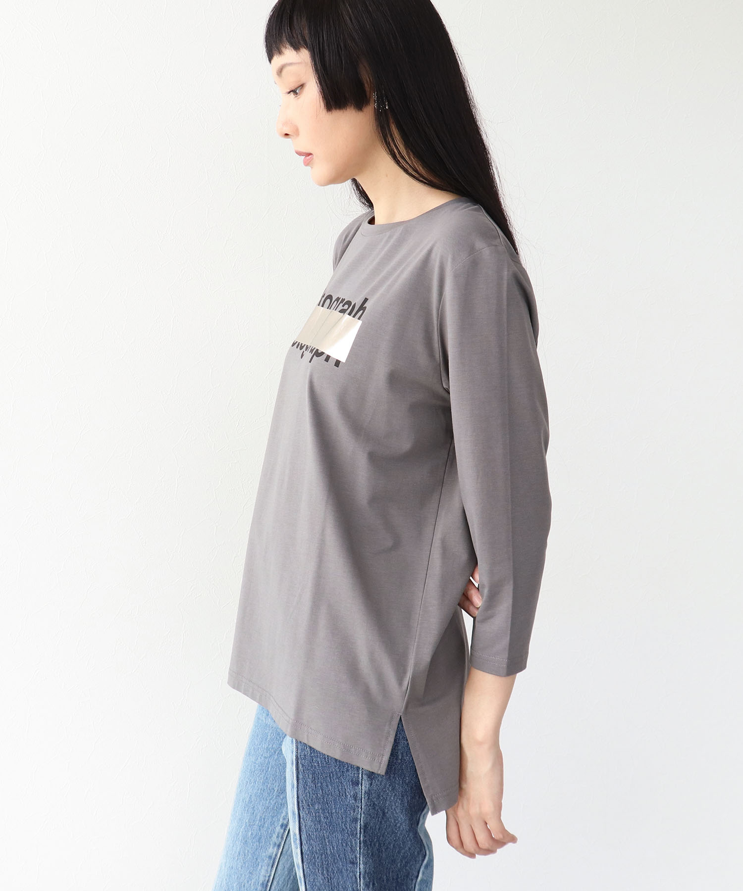 シルバー箔プリント7分袖Tシャツ