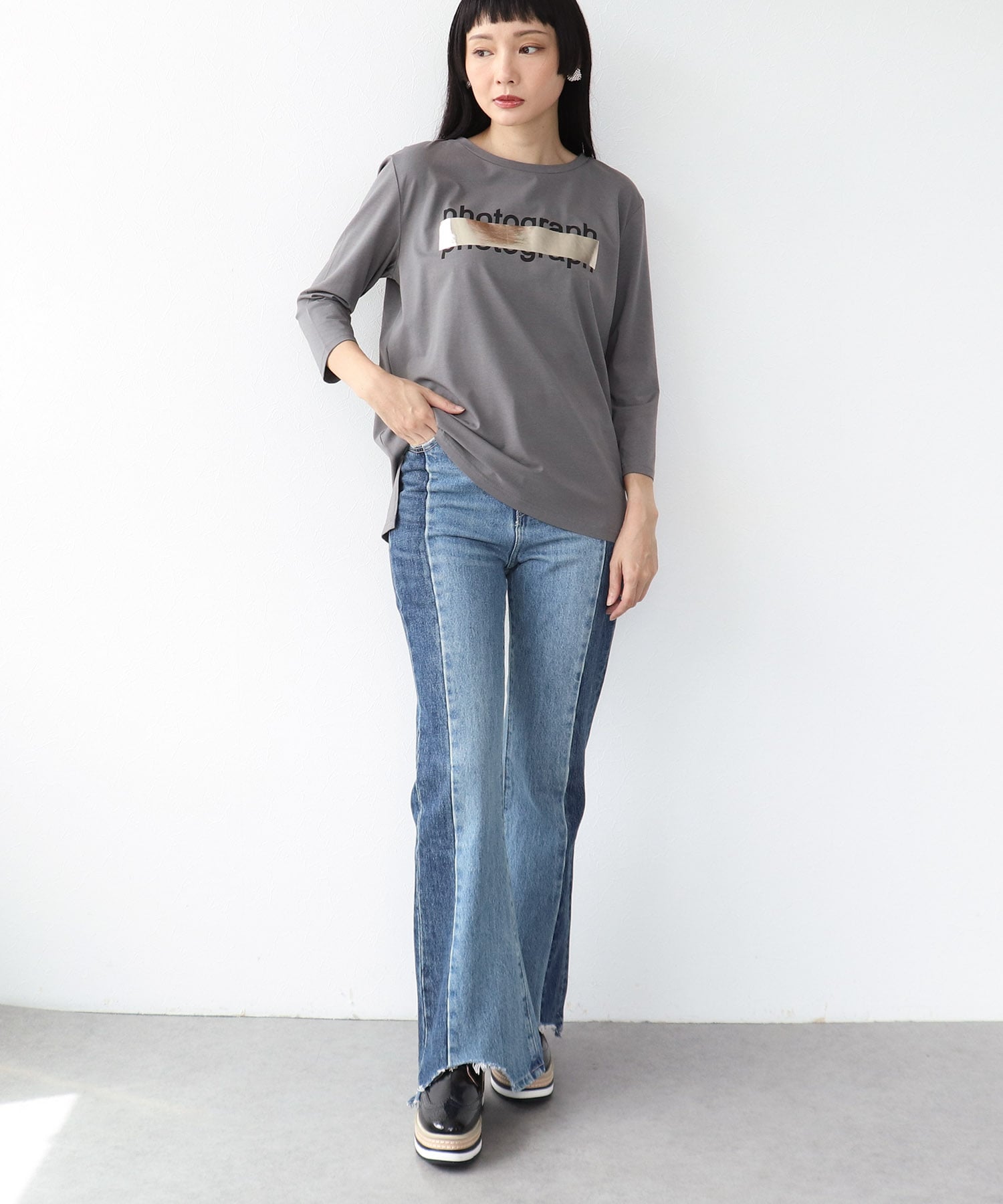 シルバー箔プリント7分袖Tシャツ