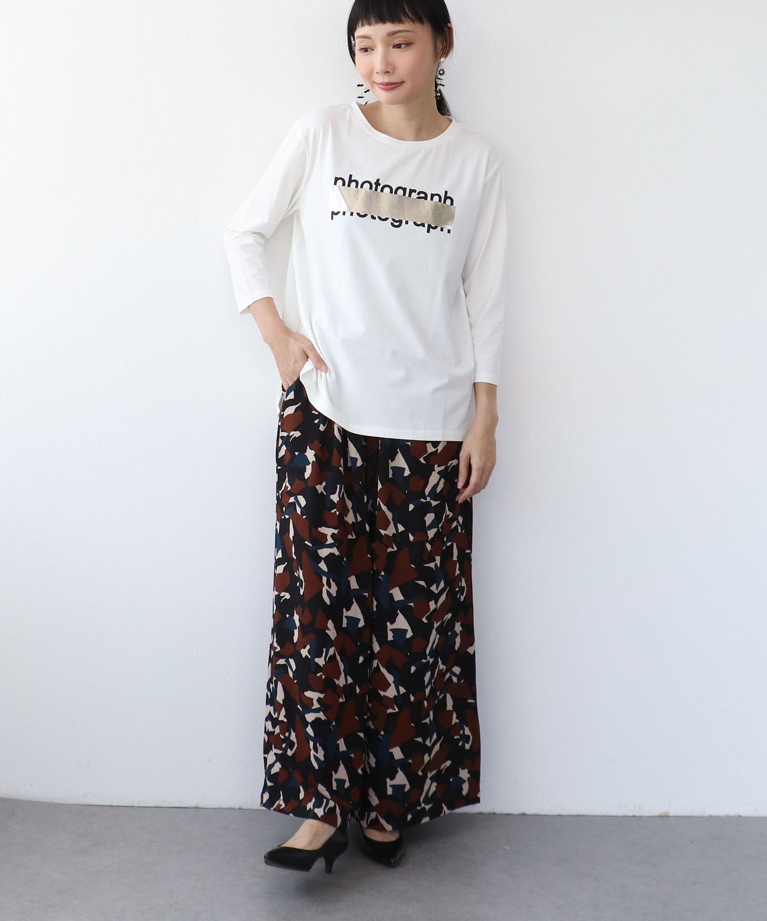 シルバー箔プリント7分袖Tシャツ