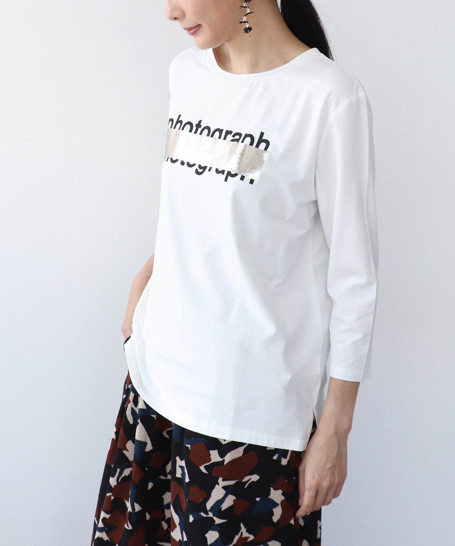 シルバー箔プリント7分袖Tシャツ