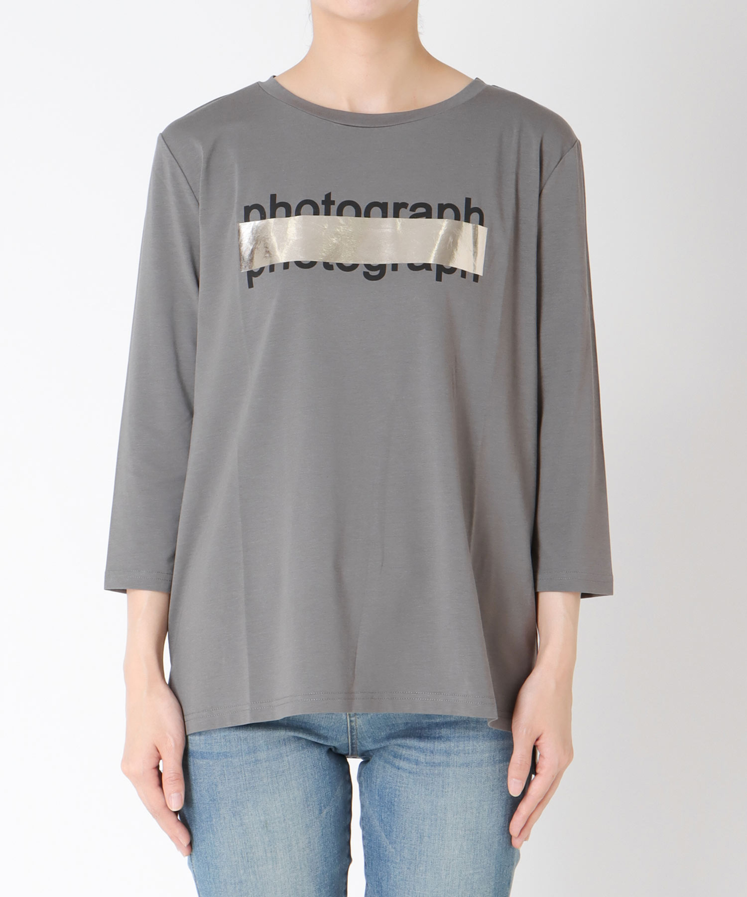 シルバー箔プリント7分袖Tシャツ