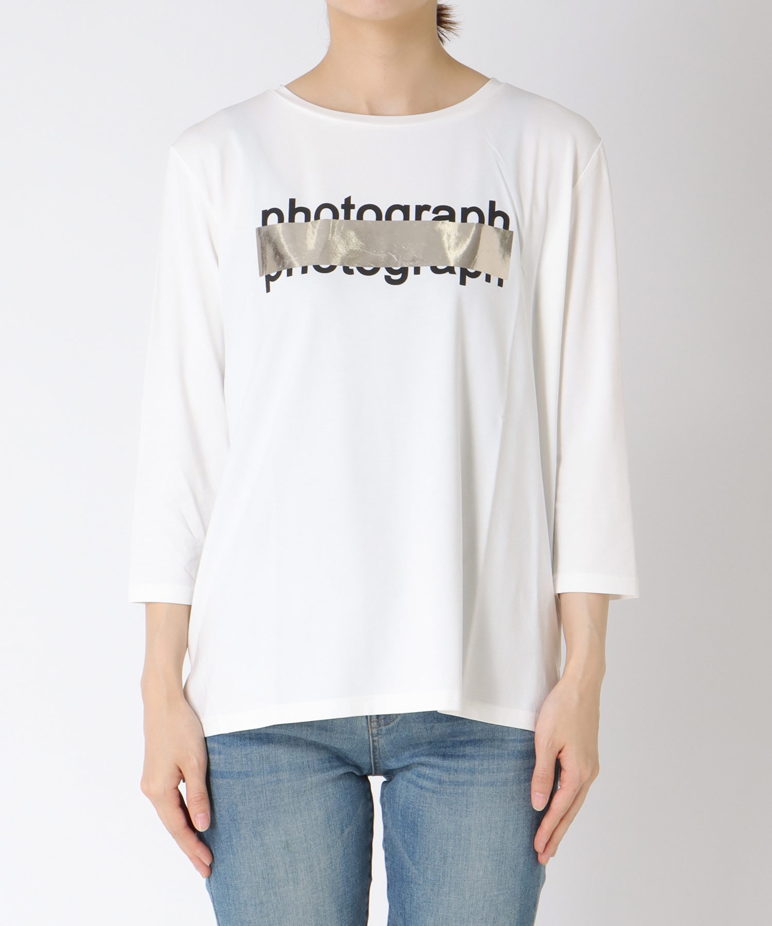 シルバー箔プリント7分袖Tシャツ