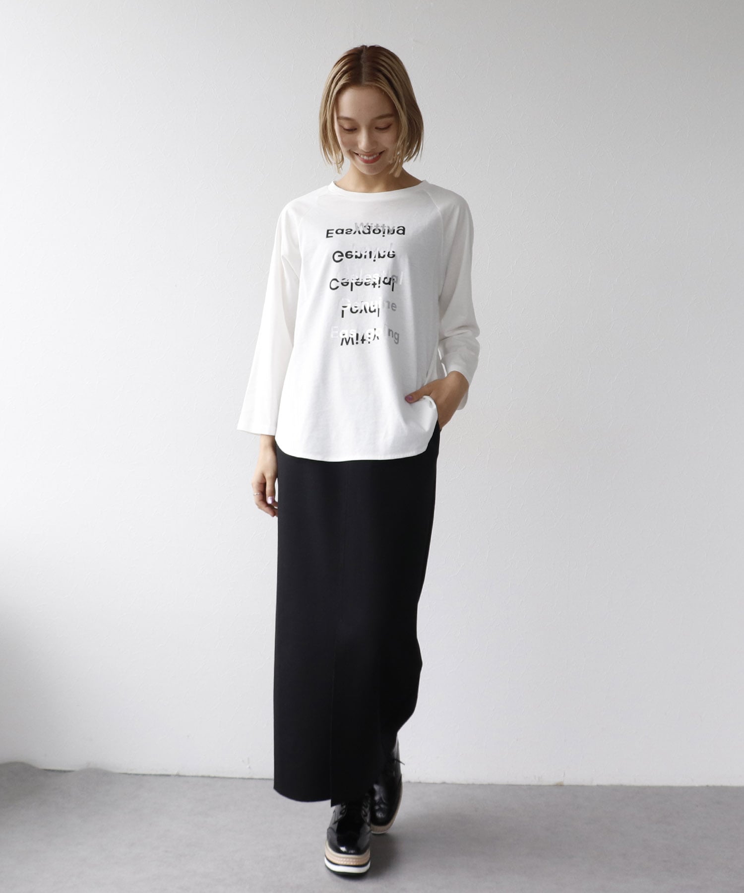 シルバー箔プリント7分袖ラグランTシャツ