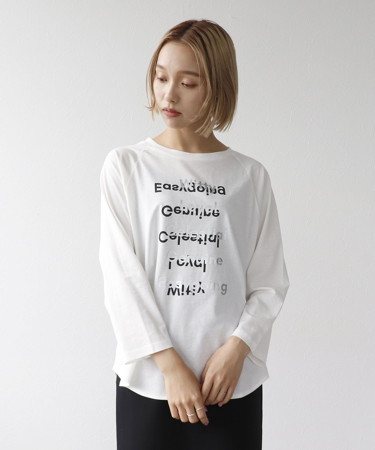 シルバー箔プリント7分袖ラグランTシャツ