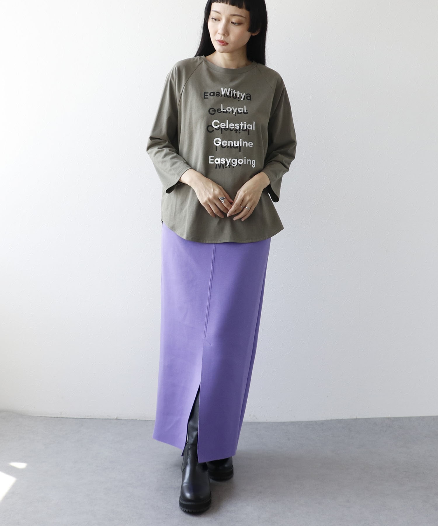 シルバー箔プリント7分袖ラグランTシャツ