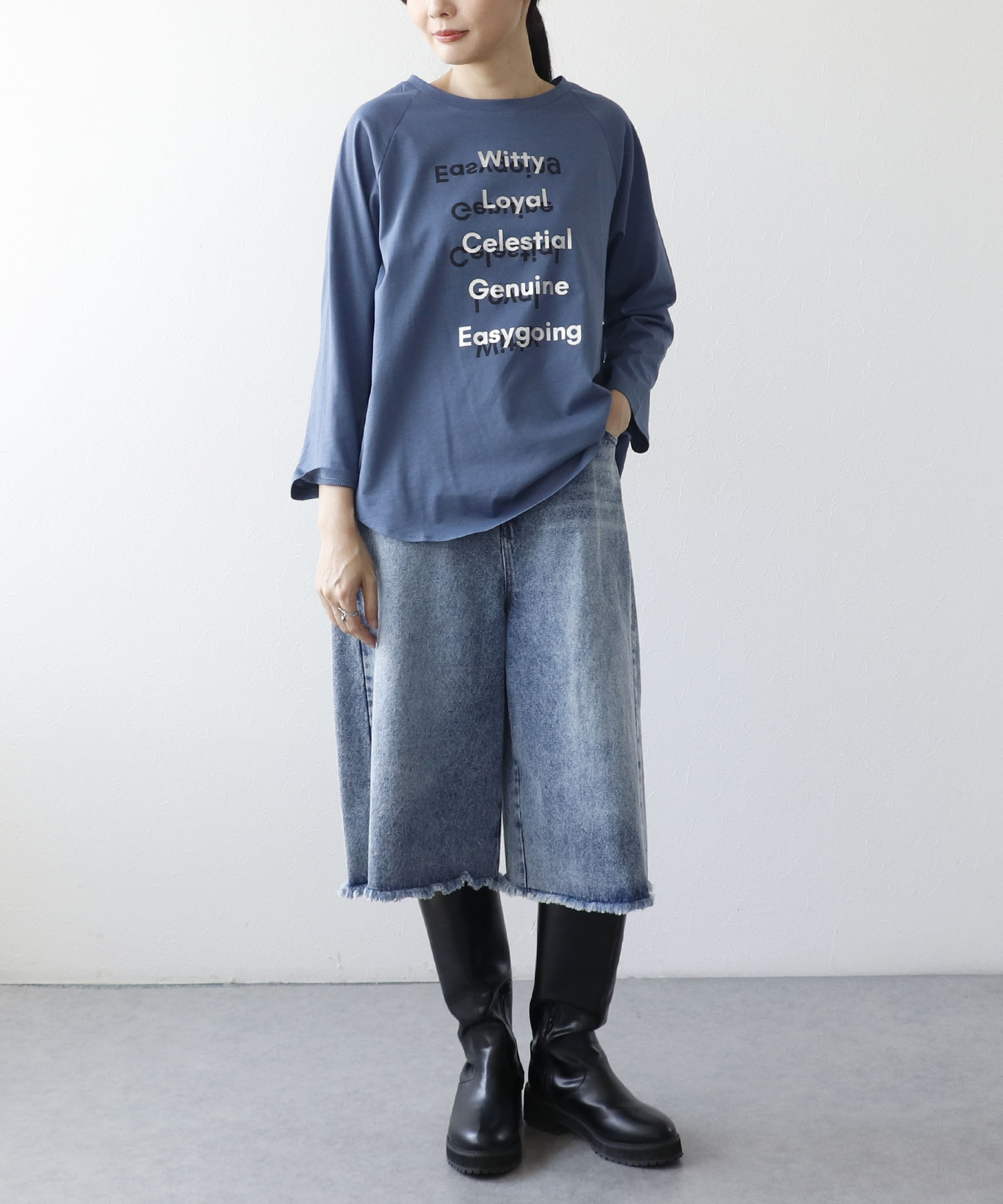 シルバー箔プリント7分袖ラグランTシャツ