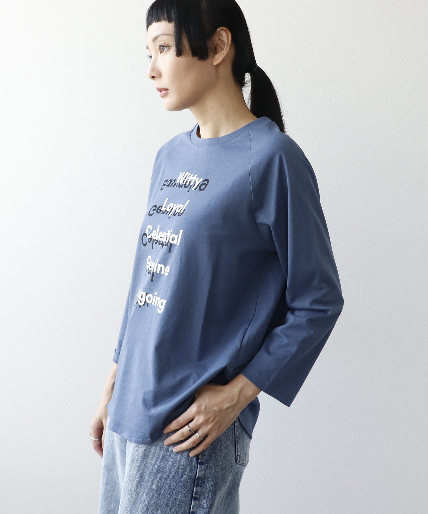 シルバー箔プリント7分袖ラグランTシャツ