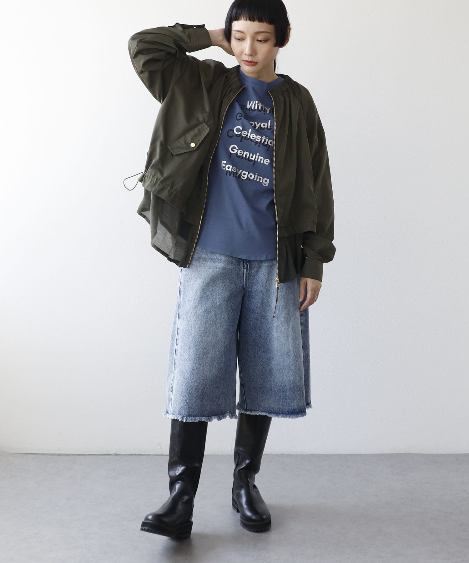 シルバー箔プリント7分袖ラグランTシャツ