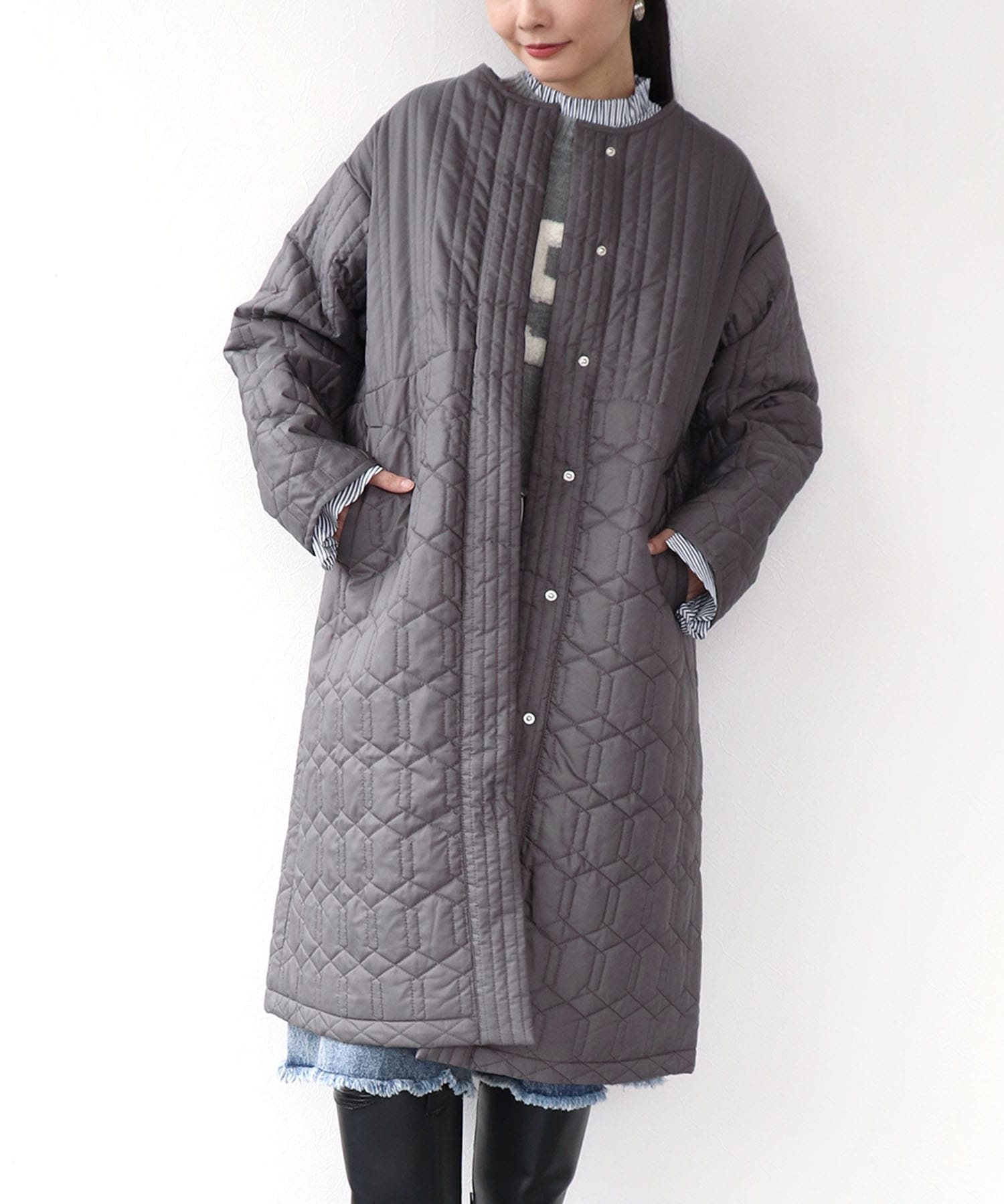 パターンMIXキルティングロングコート