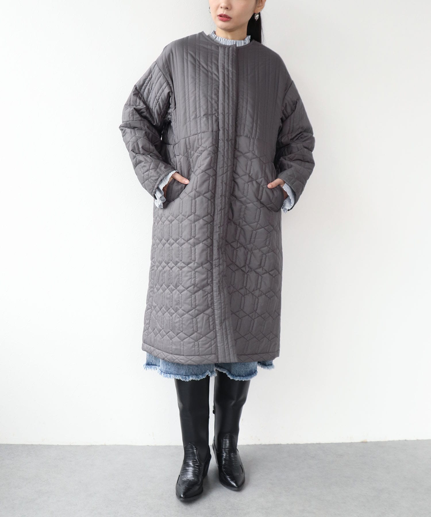 パターンMIXキルティングロングコート