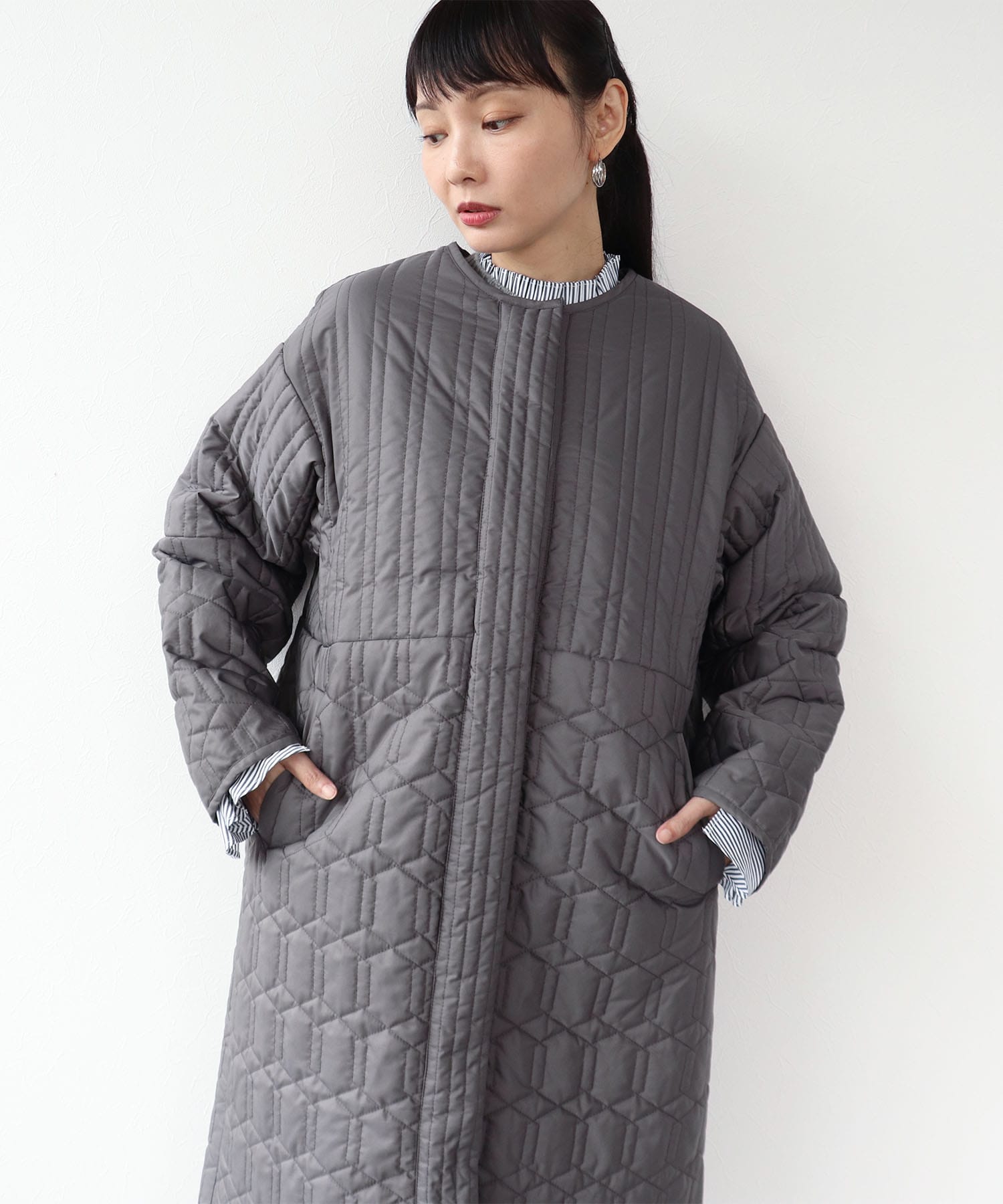 パターンMIXキルティングロングコート