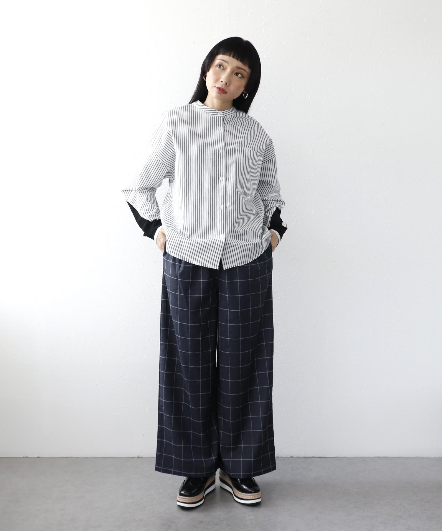 チェックゴムタックウエストワイドパンツ