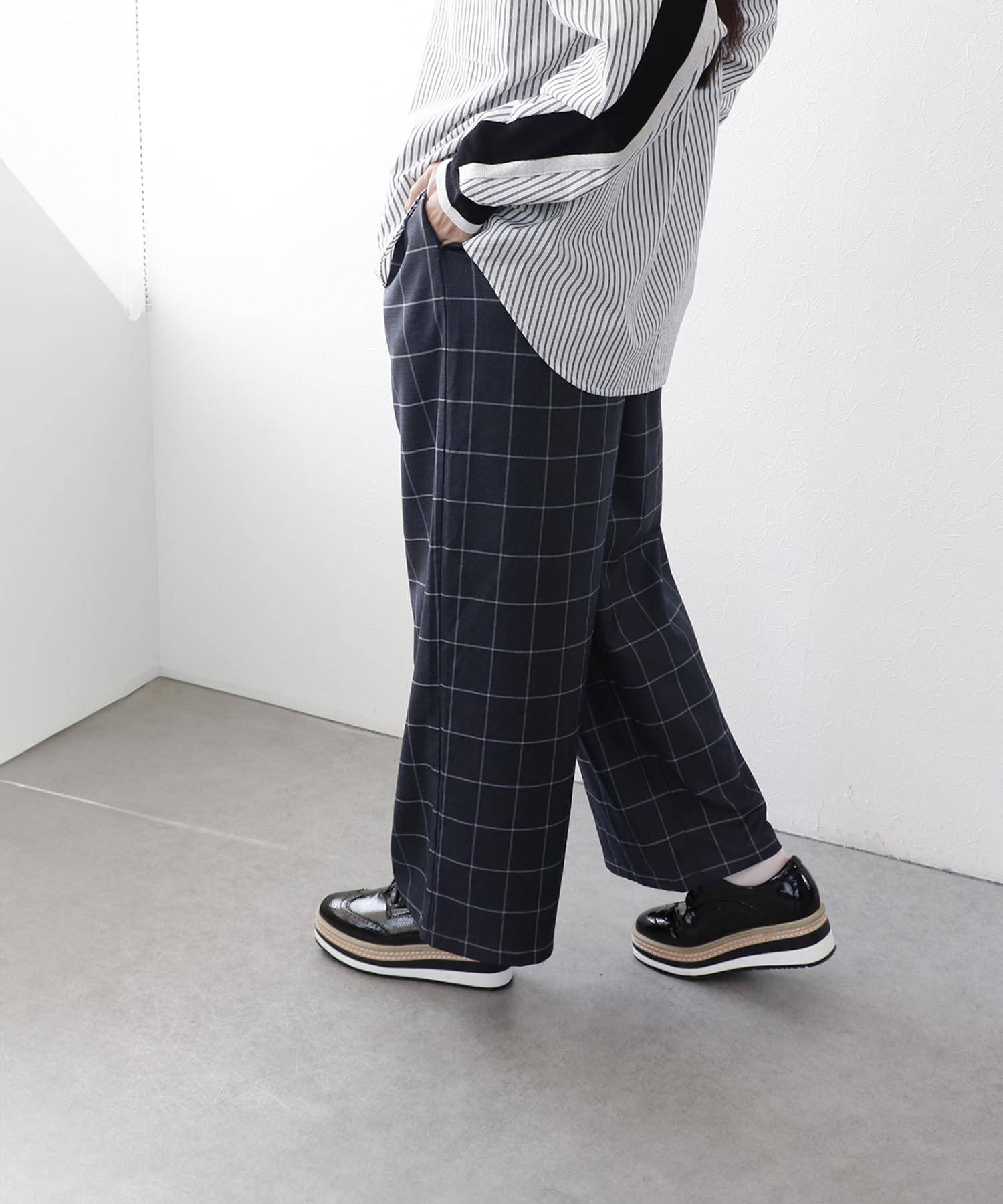 チェックゴムタックウエストワイドパンツ