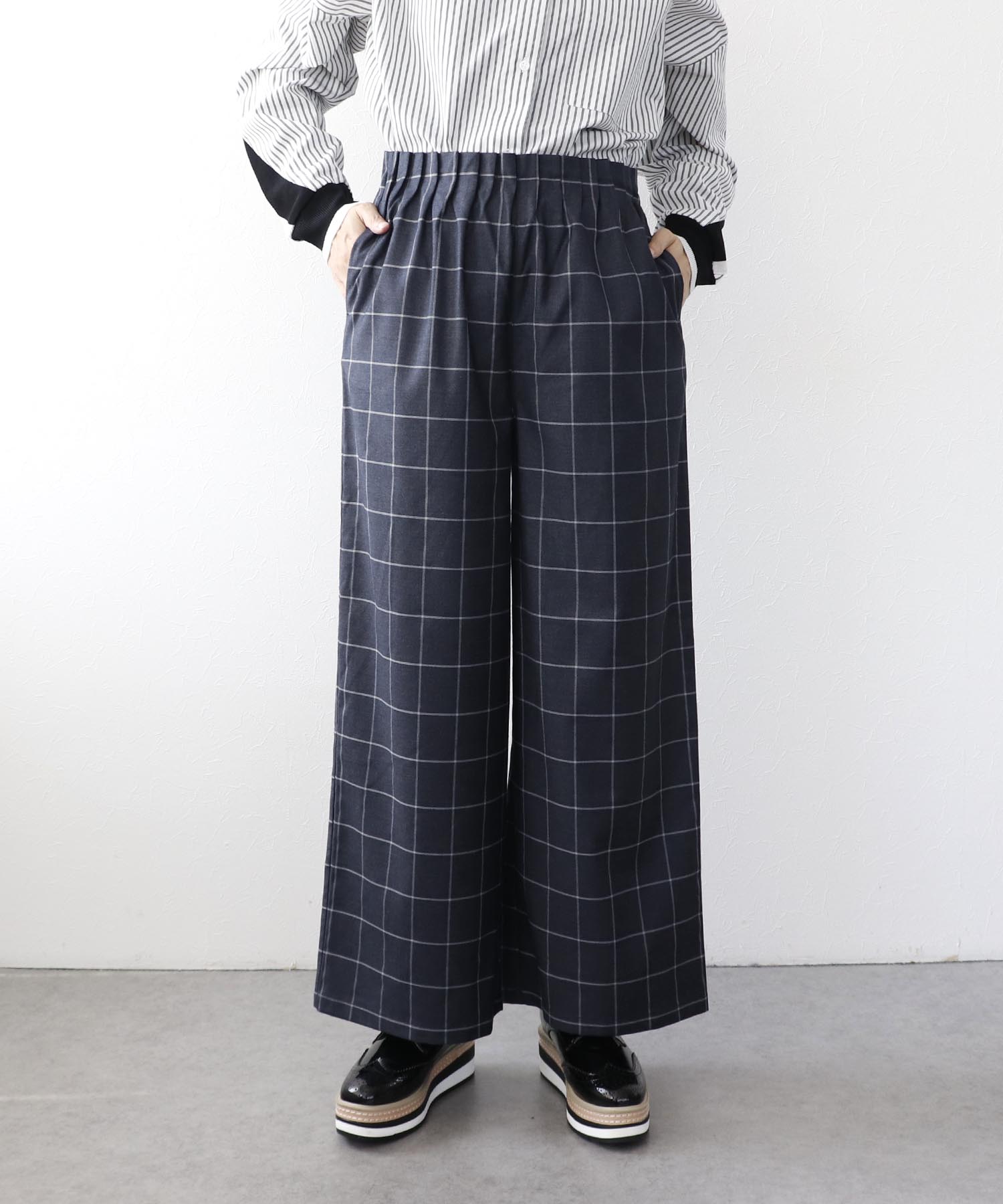 チェックゴムタックウエストワイドパンツ