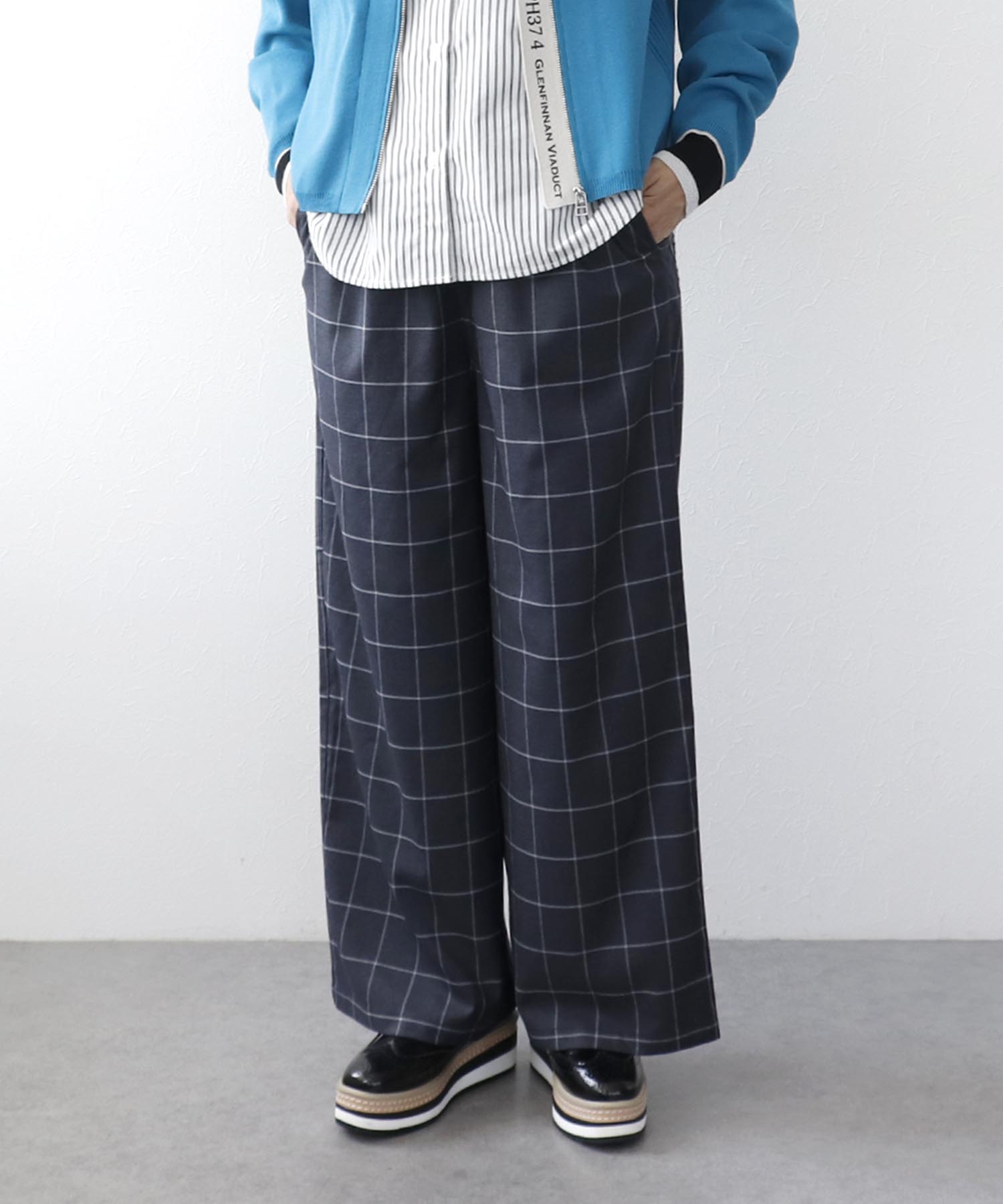 チェックゴムタックウエストワイドパンツ