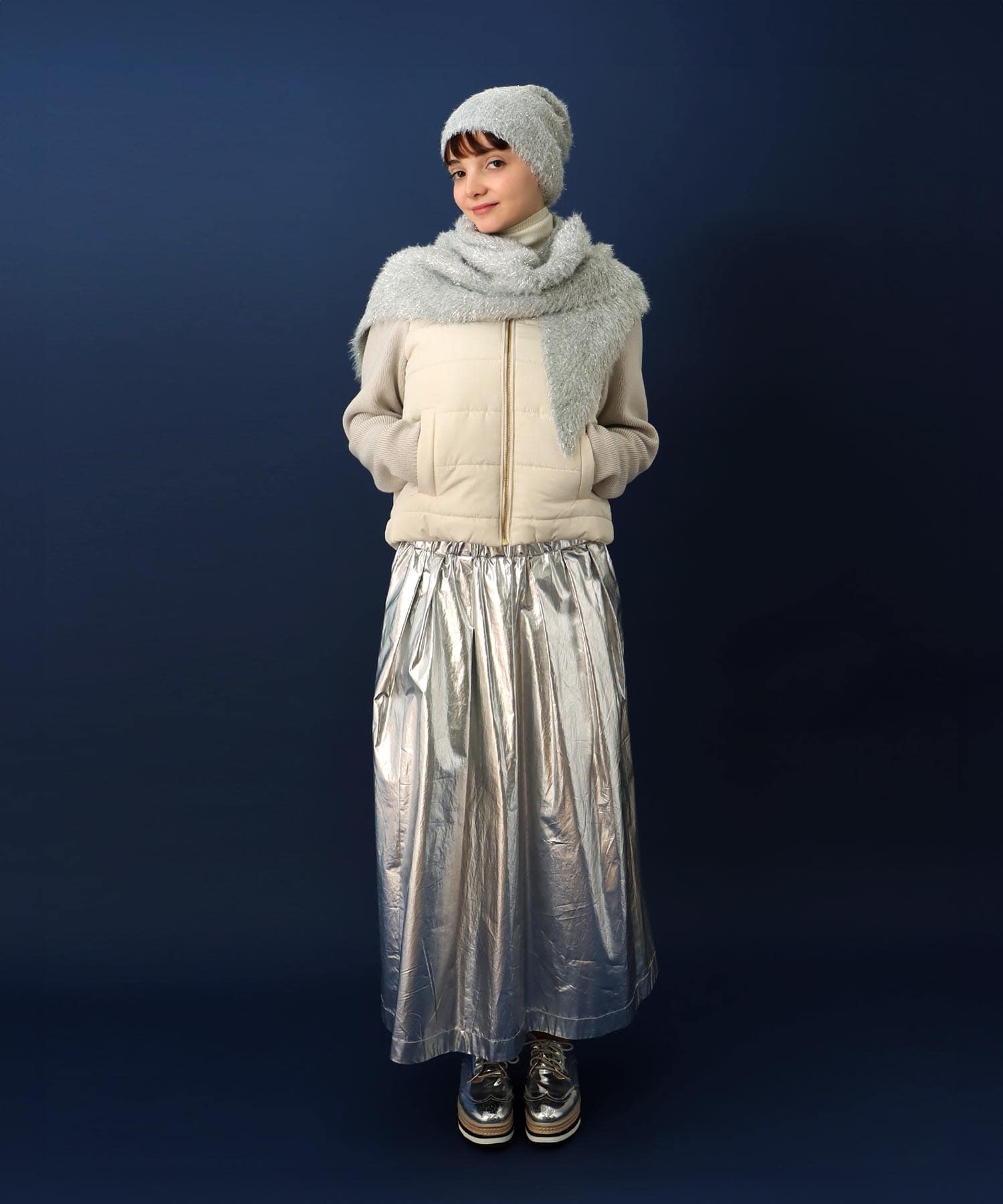 中綿×ニット切替ノーカラージャケット