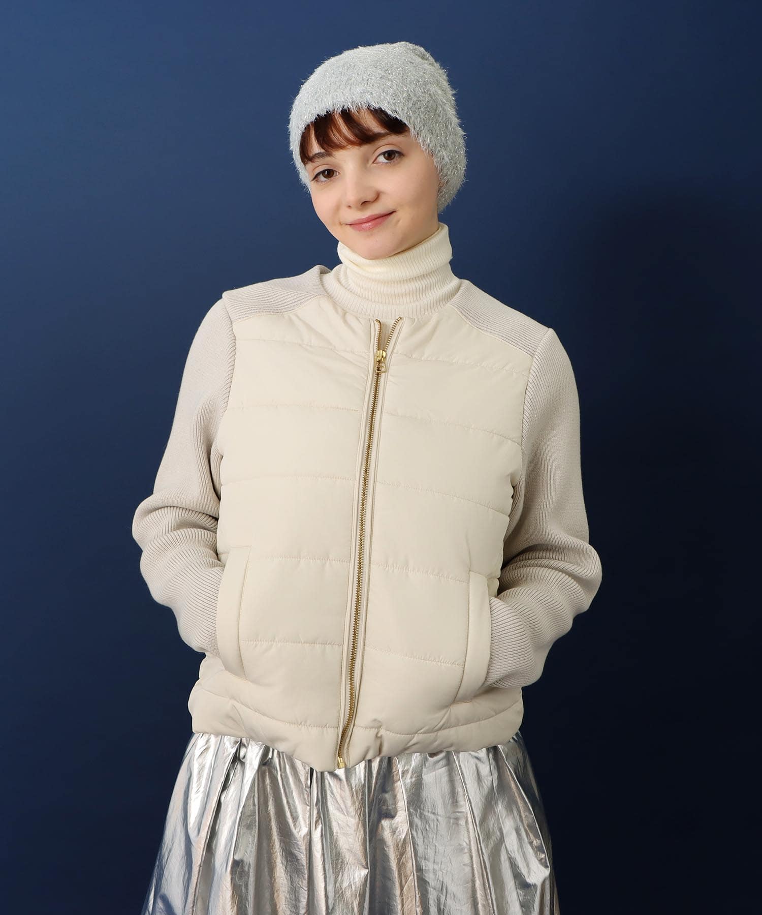 中綿×ニット切替ノーカラージャケット