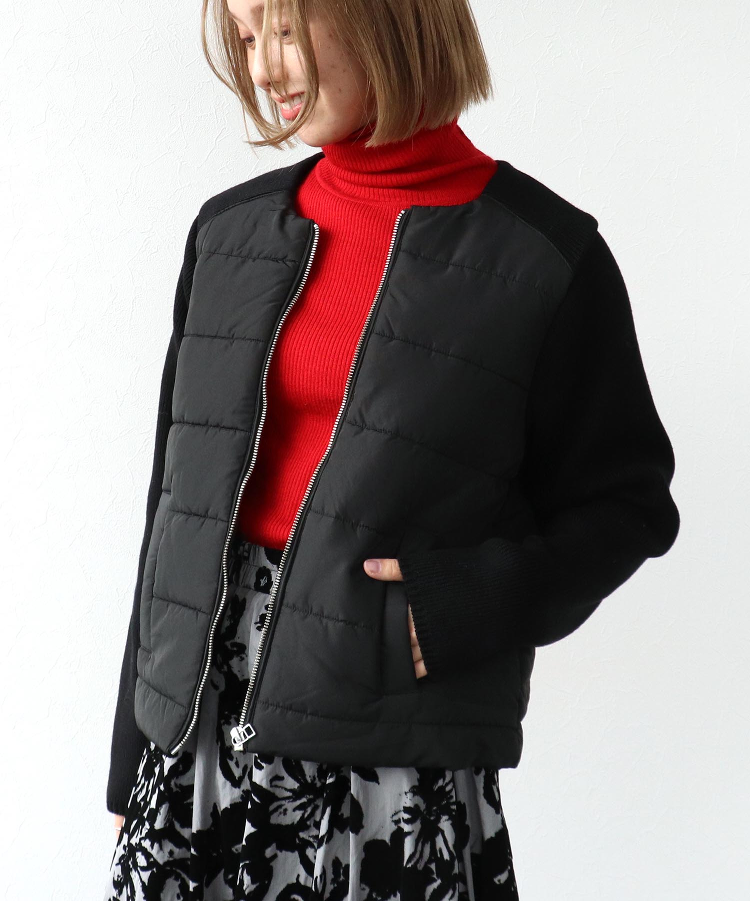 中綿×ニット切替ノーカラージャケット