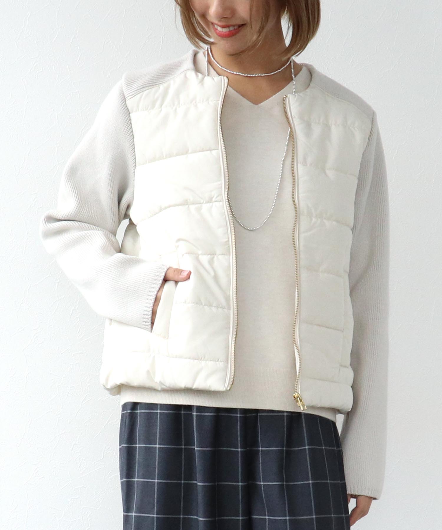 中綿×ニット切替ノーカラージャケット