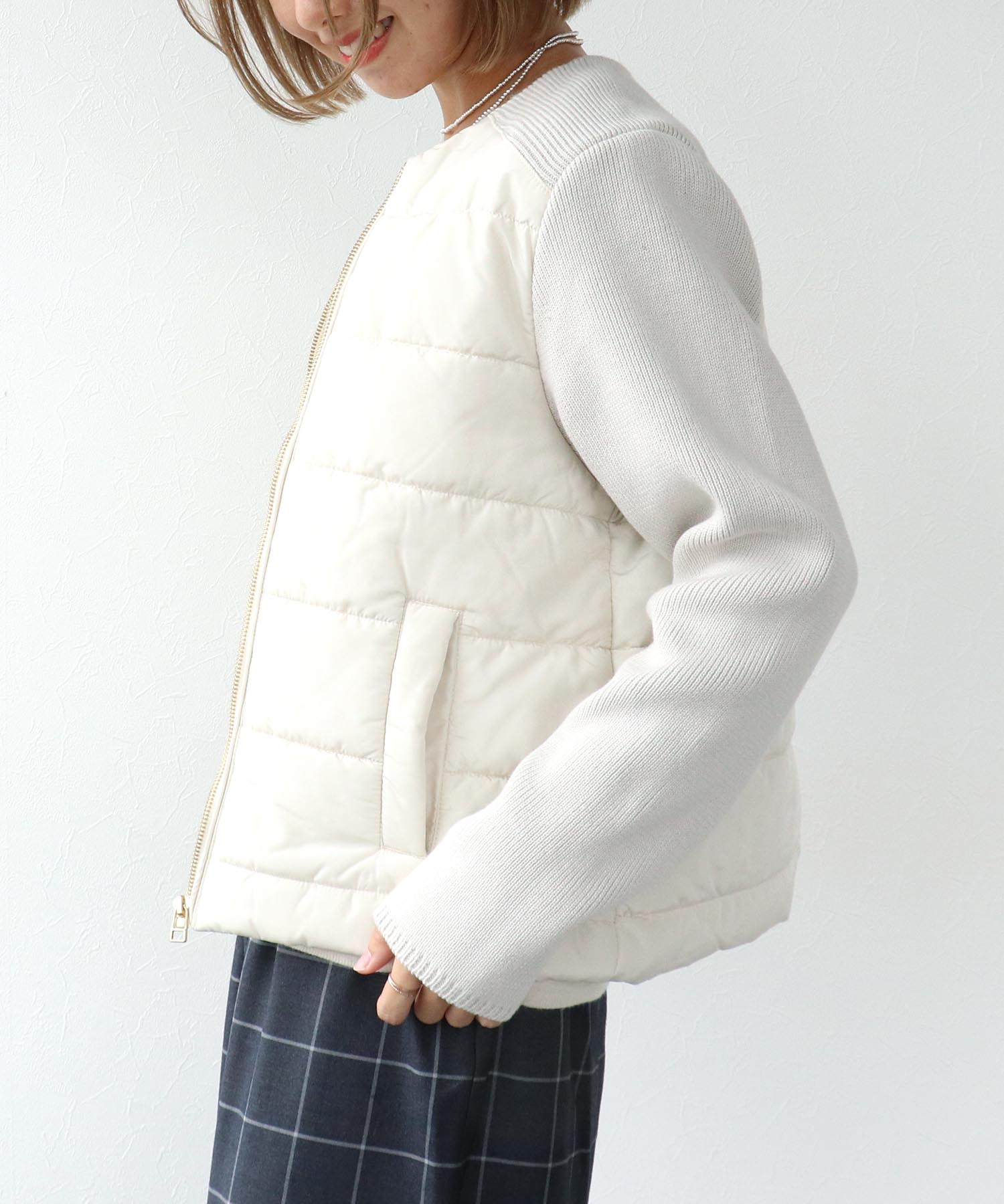 中綿×ニット切替ノーカラージャケット