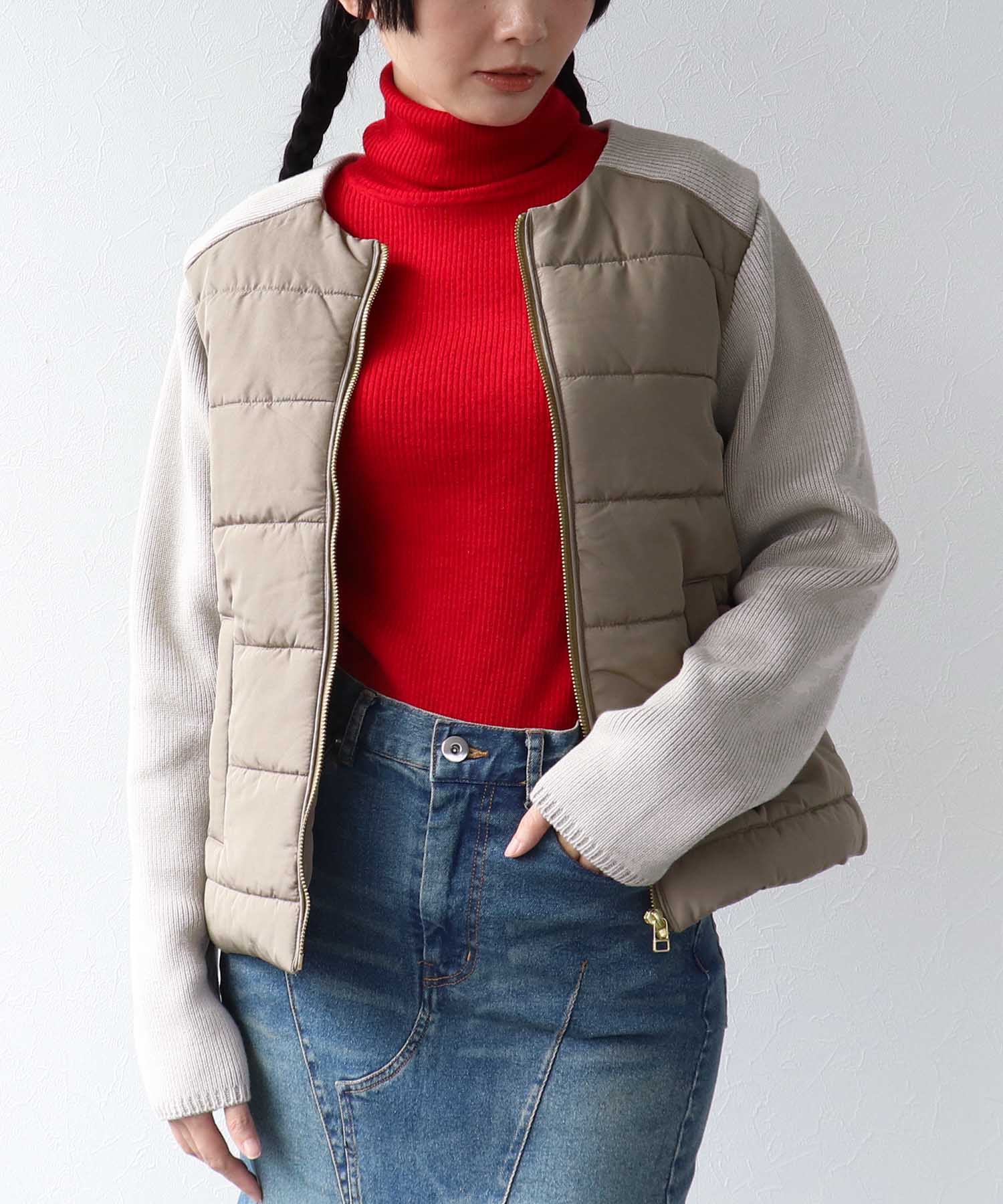 中綿×ニット切替ノーカラージャケット