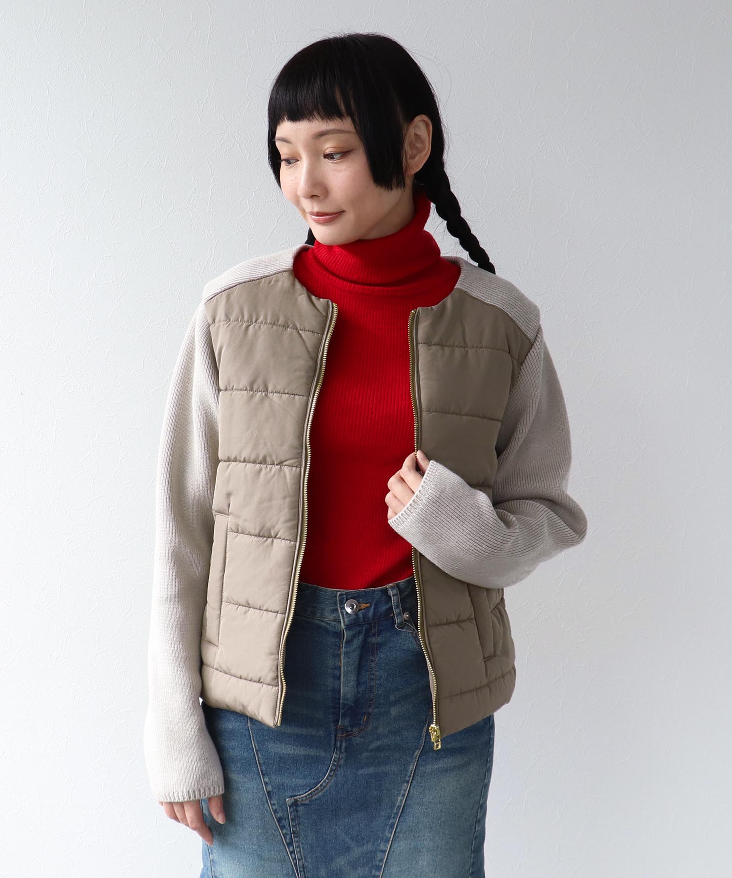 中綿×ニット切替ノーカラージャケット