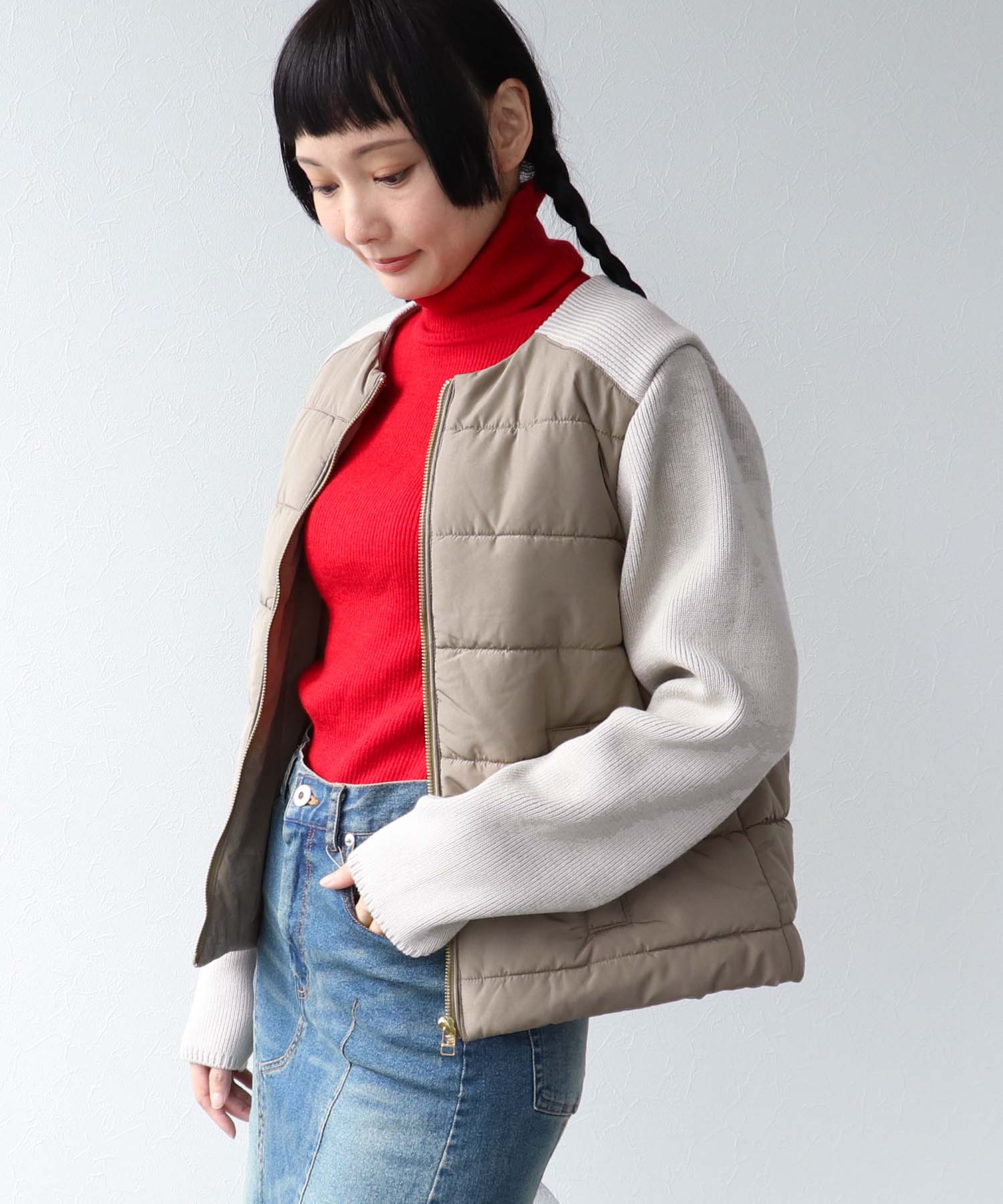中綿×ニット切替ノーカラージャケット