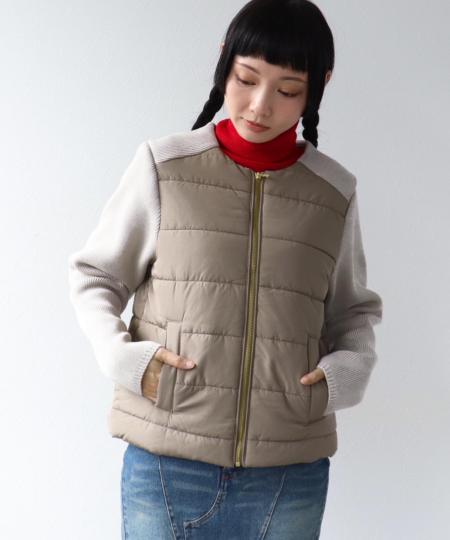 中綿×ニット切替ノーカラージャケット