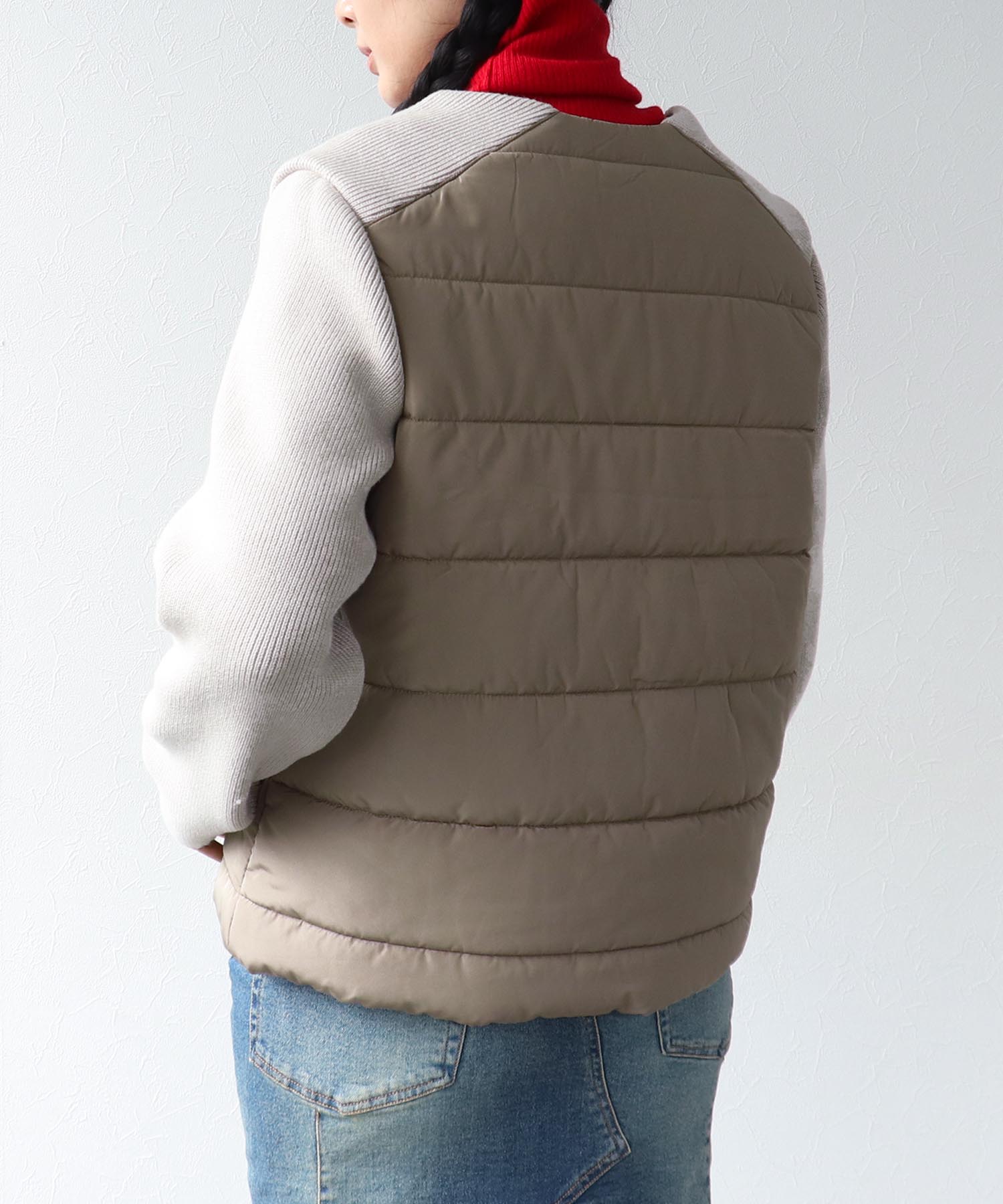 中綿×ニット切替ノーカラージャケット