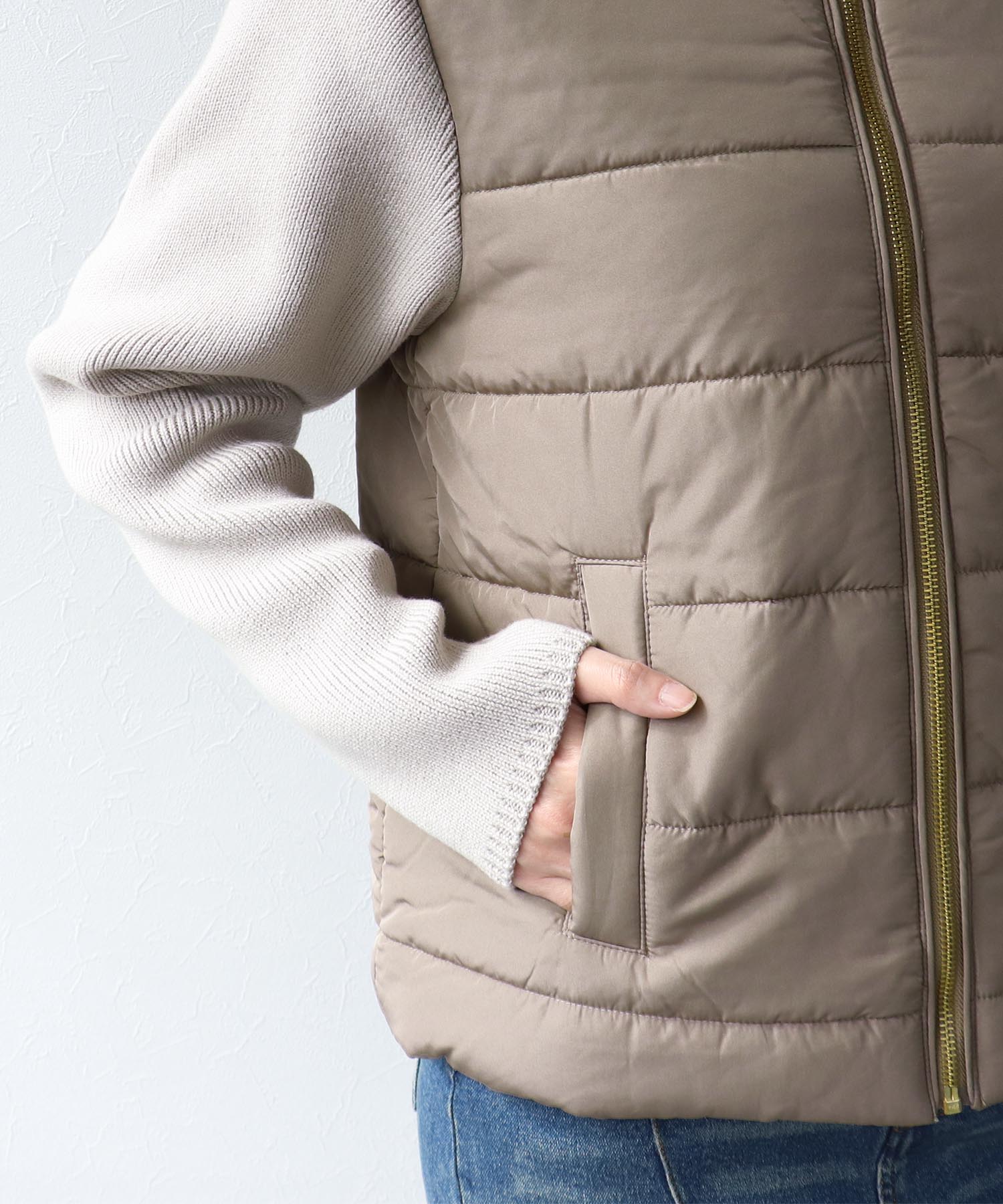 中綿×ニット切替ノーカラージャケット