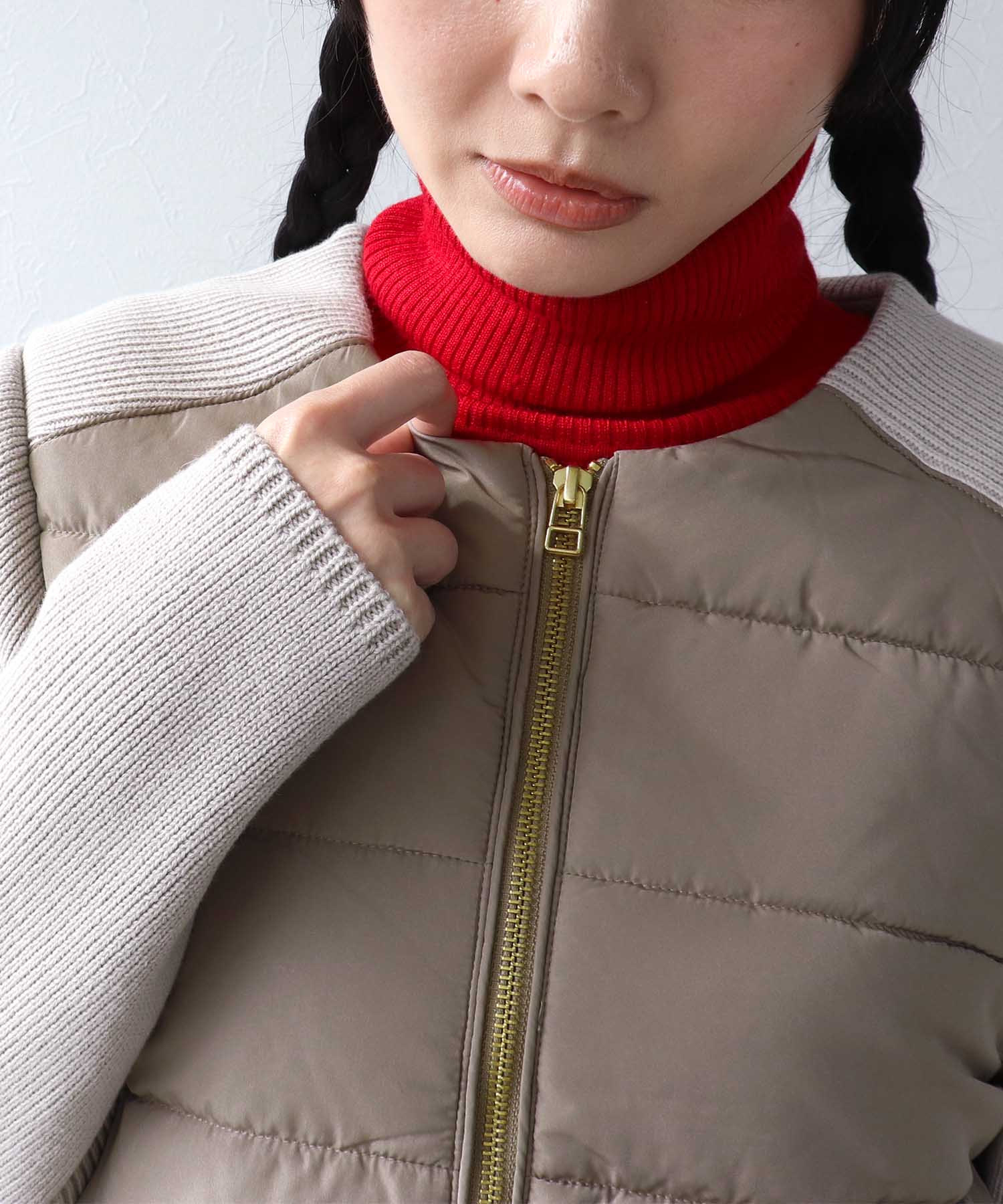 中綿×ニット切替ノーカラージャケット