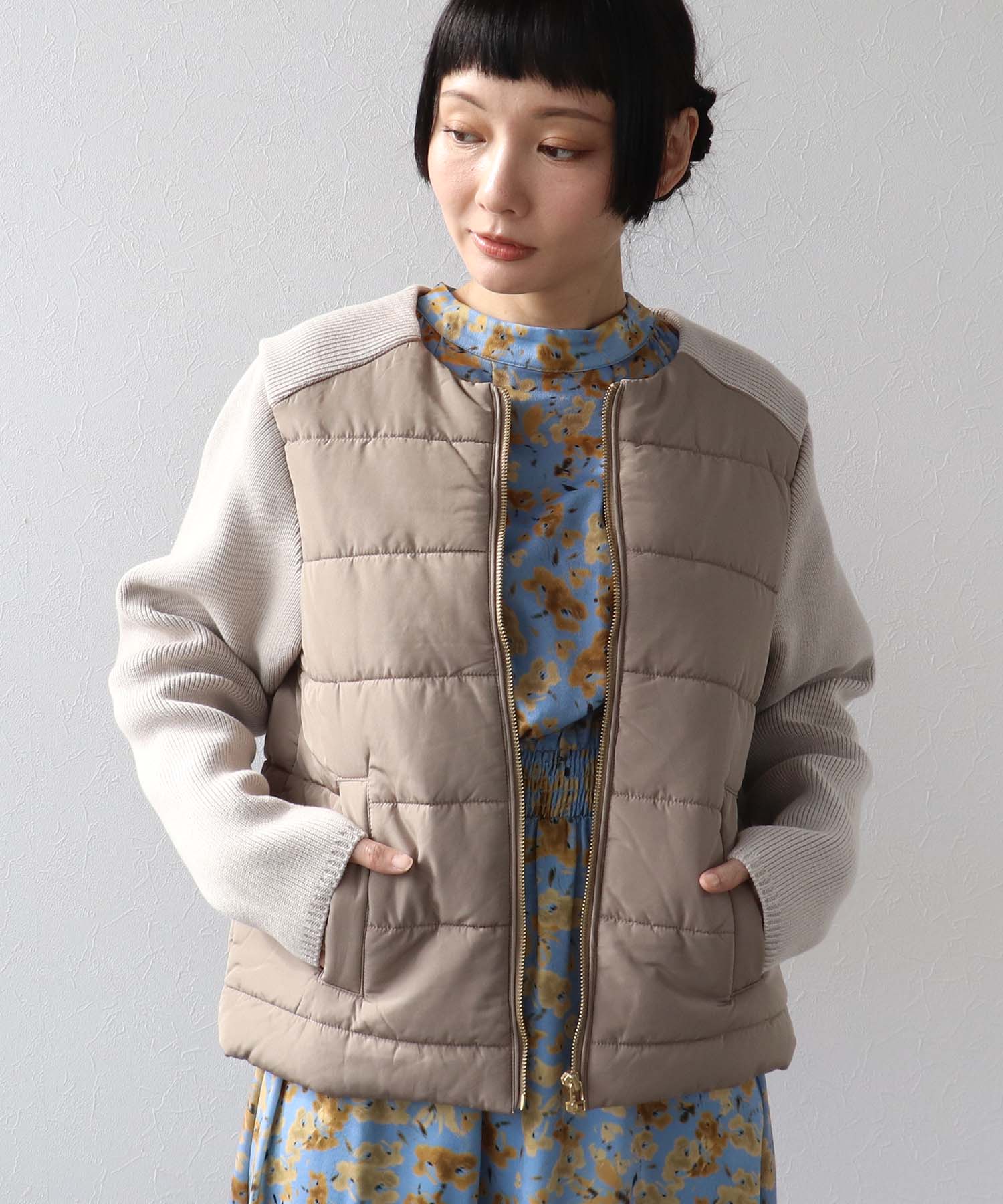 中綿×ニット切替ノーカラージャケット