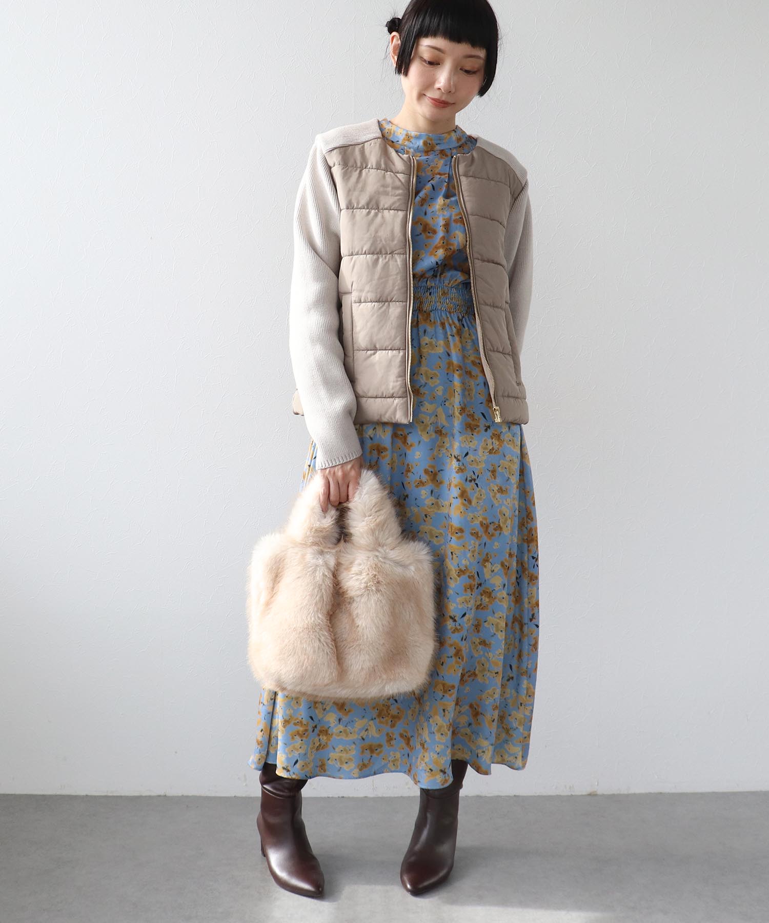 中綿×ニット切替ノーカラージャケット