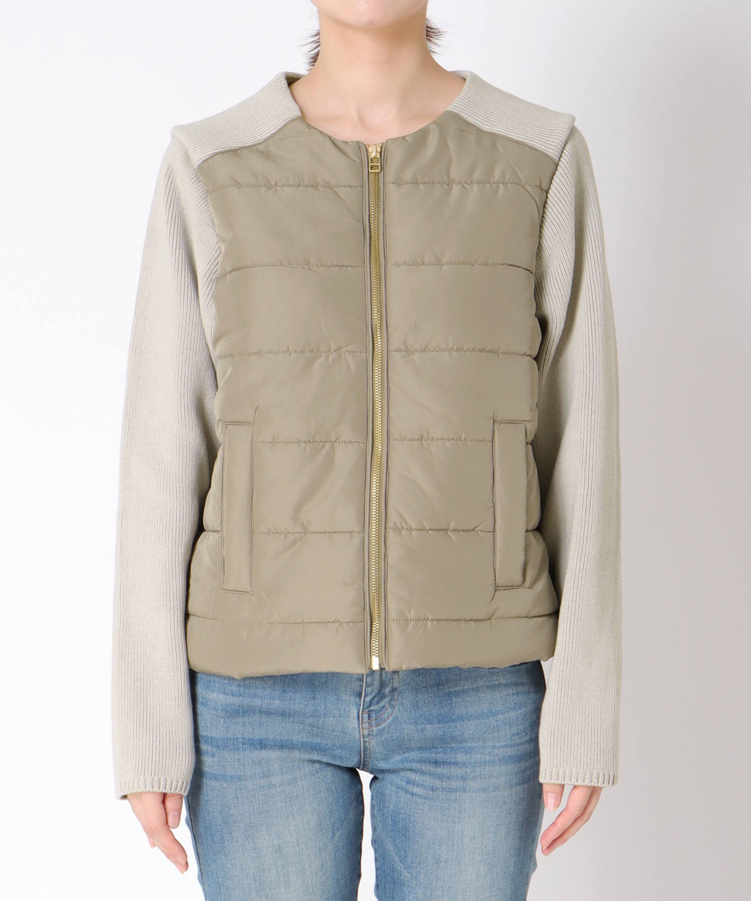 中綿×ニット切替ノーカラージャケット