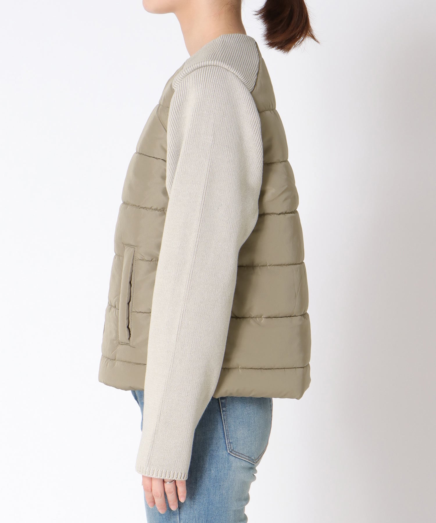 中綿×ニット切替ノーカラージャケット