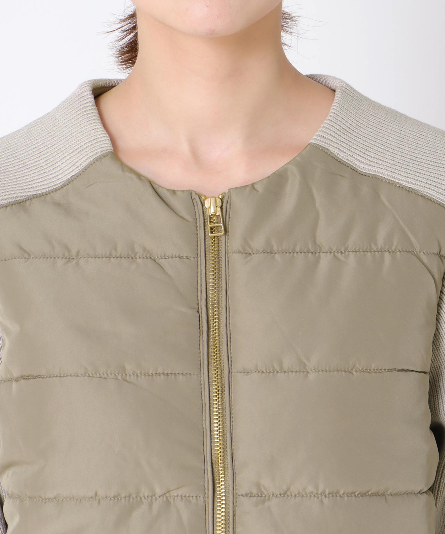 中綿×ニット切替ノーカラージャケット