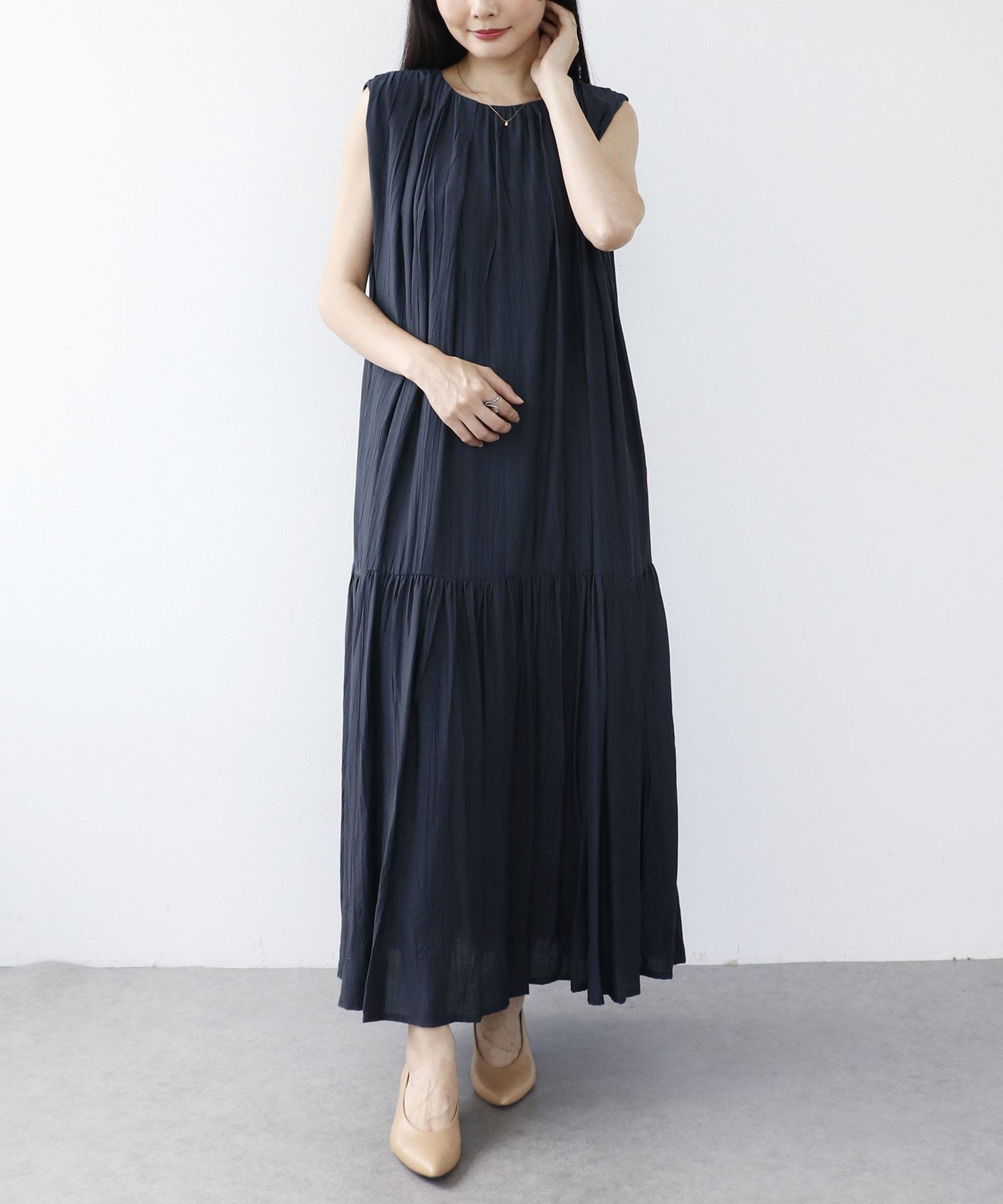 ぼかしプリントギャザー切替ワンピース