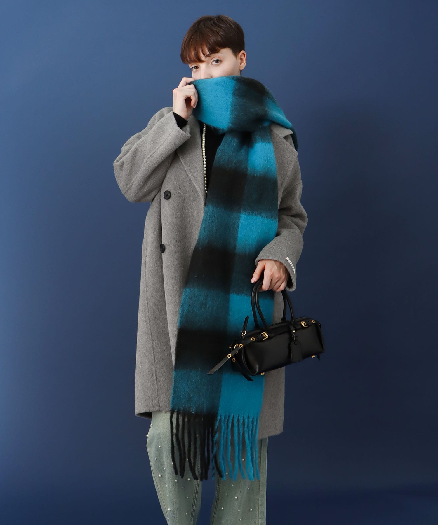 ブロックチェックフリンジマフラー