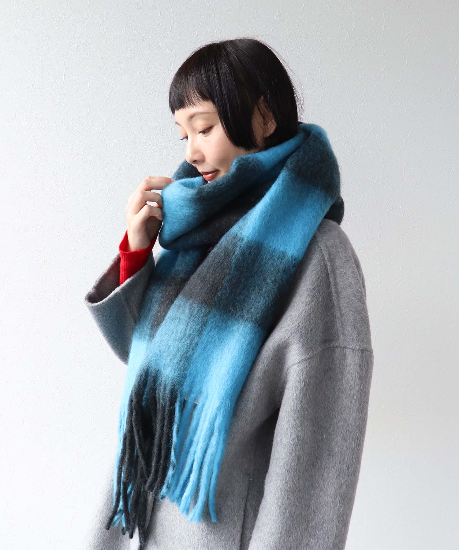 ブロックチェックフリンジマフラー