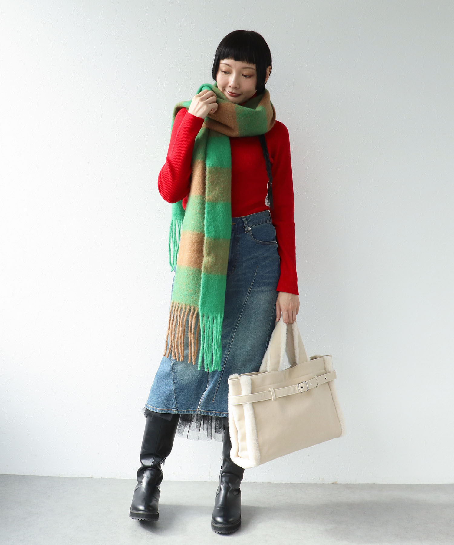 ブロックチェックフリンジマフラー