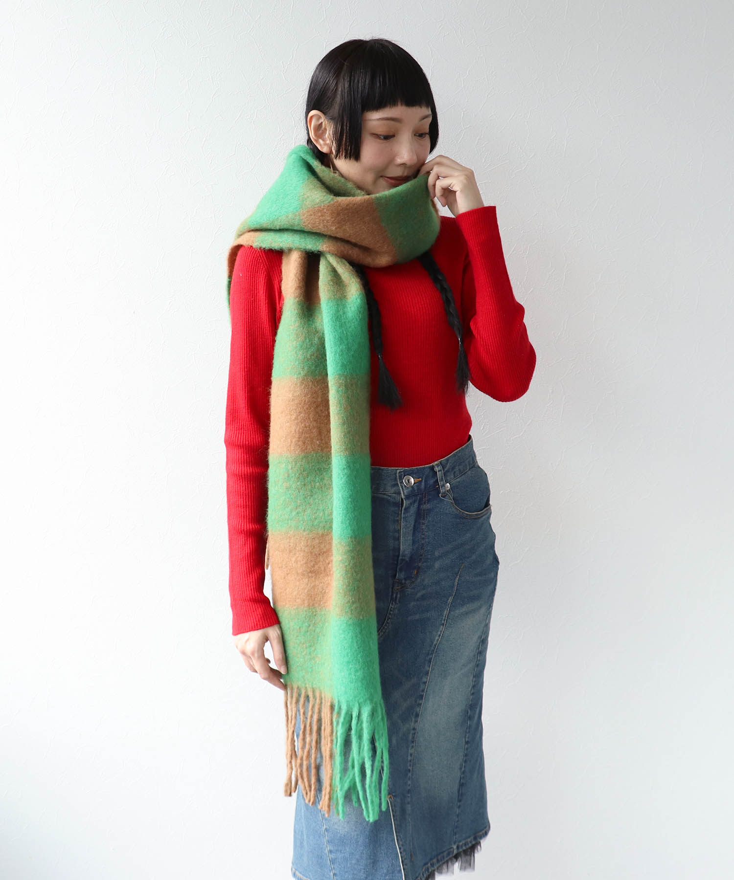 ブロックチェックフリンジマフラー