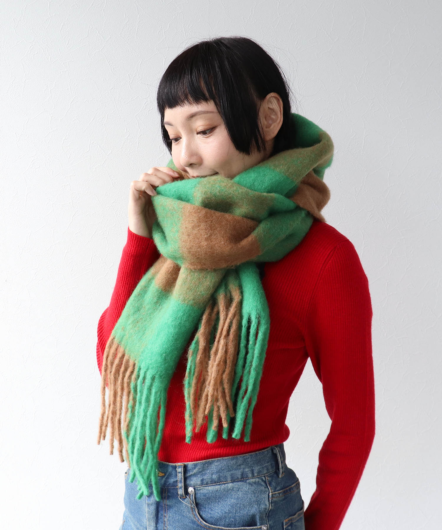 ブロックチェックフリンジマフラー