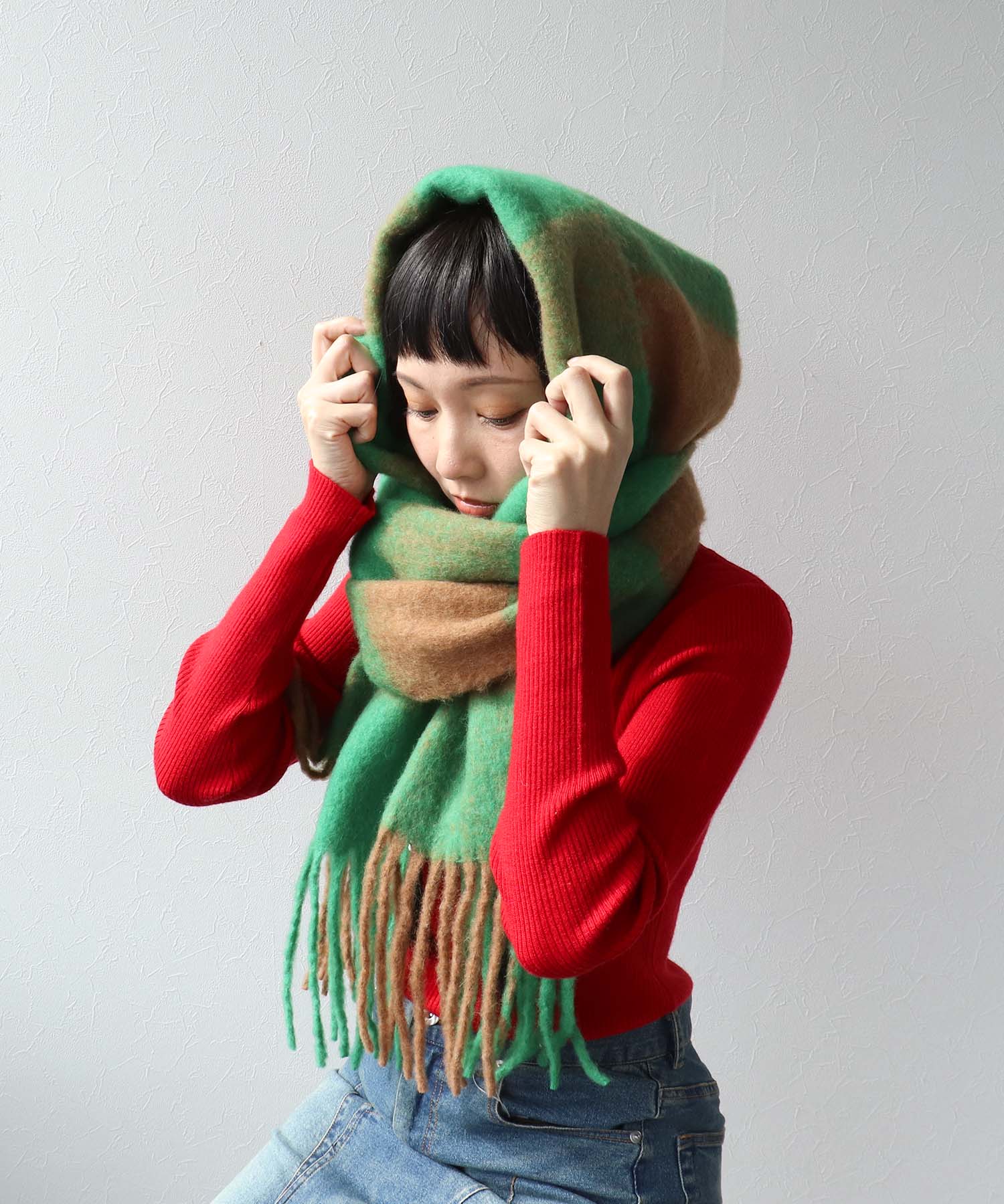 ブロックチェックフリンジマフラー