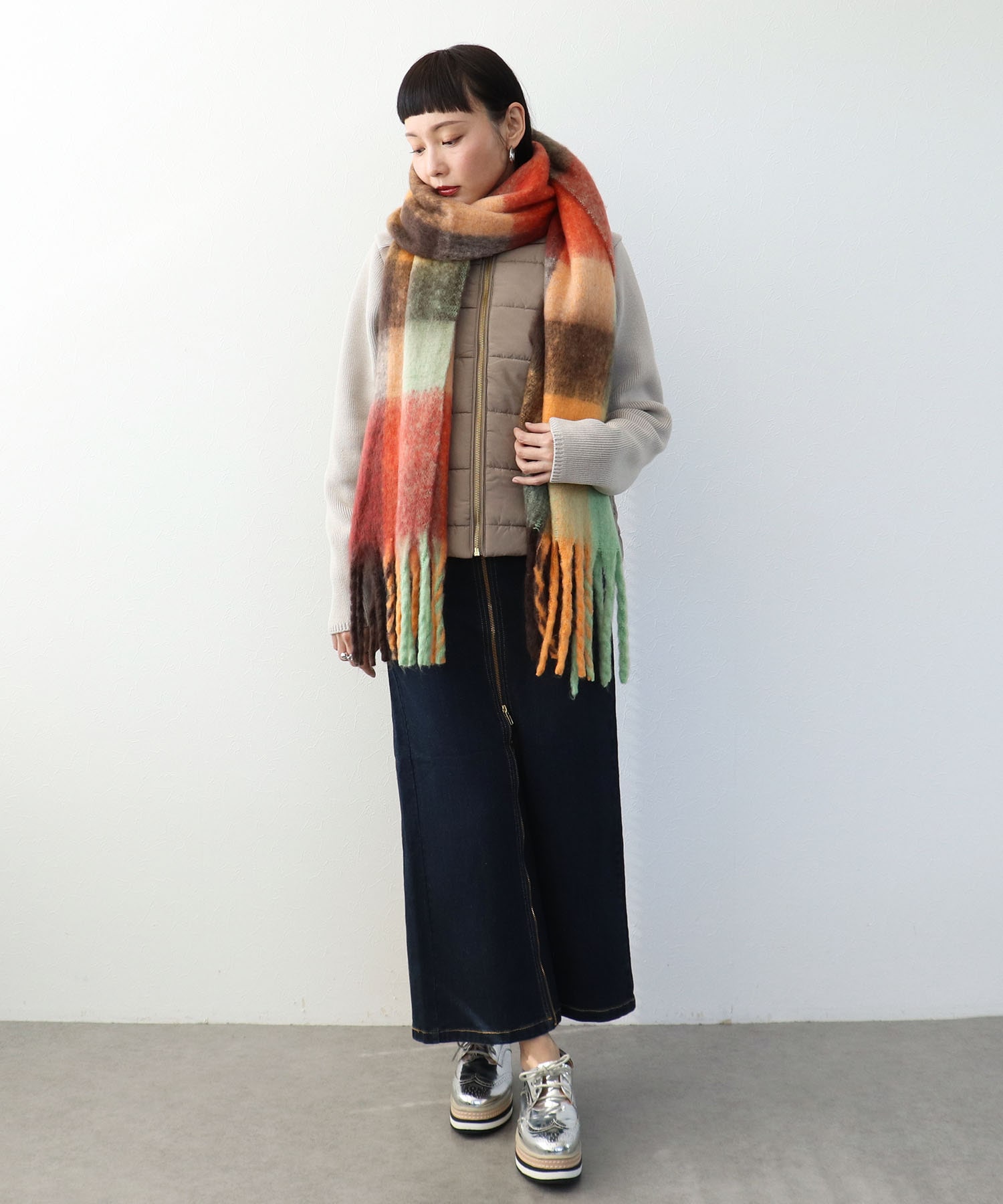 ブロックチェックBIGフリンジマフラー